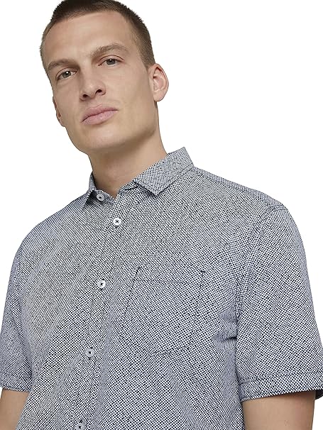 TOM TAILOR Herren Gemustertes Kurzarmhemd 1025972, 27044 - Navy 