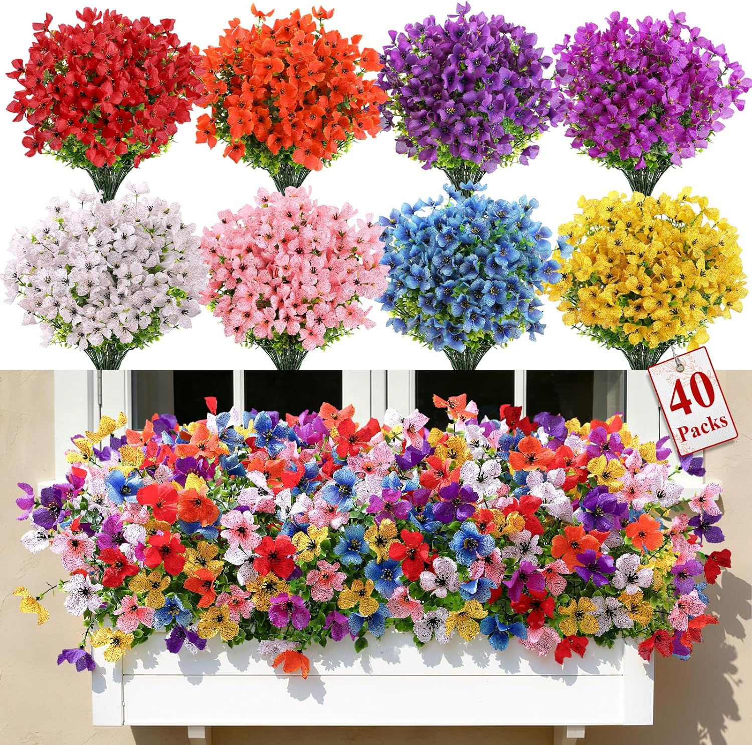 SHareconn 40 Bundles Artificial Flowers Outdoors Decoration, Fake Silk mums Eucalyptus Realistic UV Resistant Faux Plants for Outside Indoor Planter Porch Yard Home Spring Decor, Mix 8 Colors