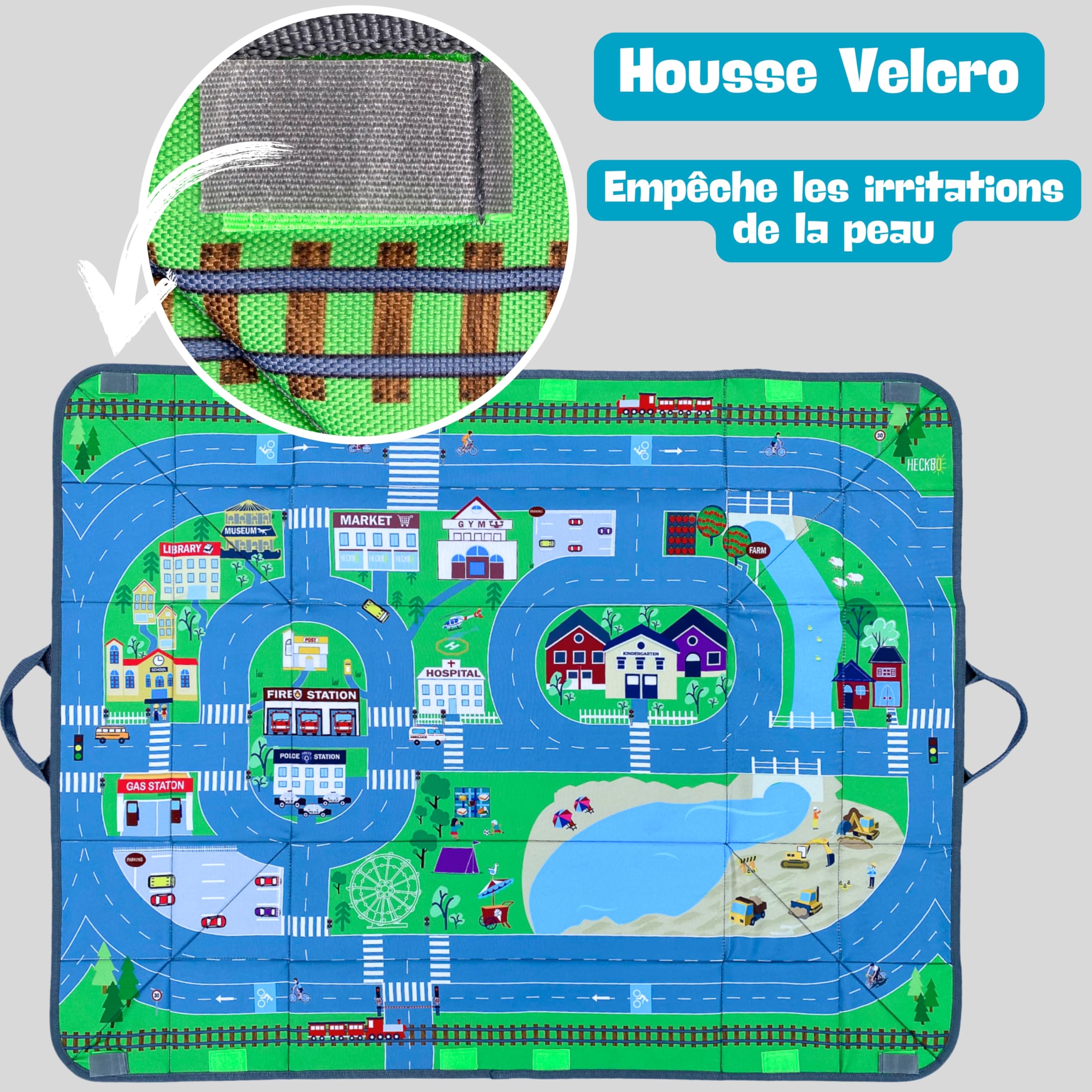 HECKBO Organisateur de voiture et tapis de jeu 4 en 1 - Boîte de rangement de jouets pour enfants - Tapis de jeu pliable avec motif de rue - Fixation sûre dans la voiture, 91cm x 72cm