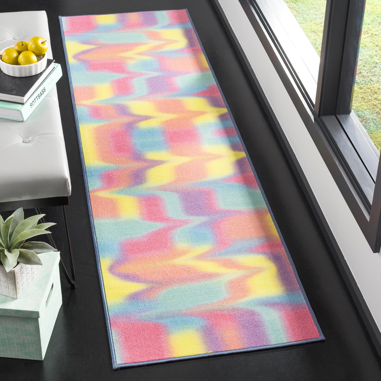 SAFAVIEH Washable Rug Paint Brush Collection - 2'2" x 6' Runner, Fuchsia & Yellow, Slip Resistant & Easy to Clean, Ideal for Living Room, Hallway, Foyer, Nursery, Bedroom, Kids Room (PTB117A)