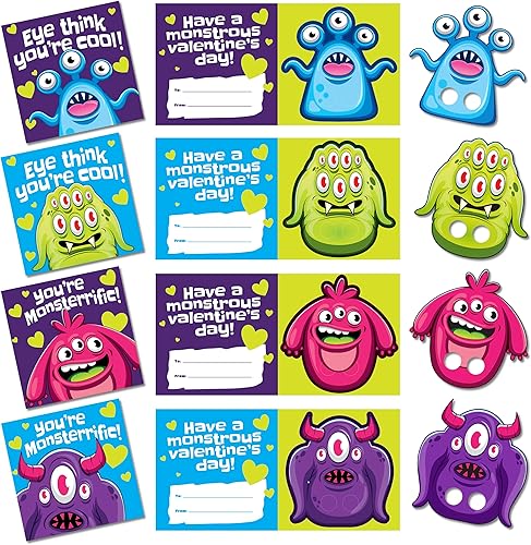 Miniatura 2 de Paquete de 28 marionetas de dedo de monstruo con sobres, tarjetas de felicitación del día de San Valentín, juguetes a granel para fiestas, regalos