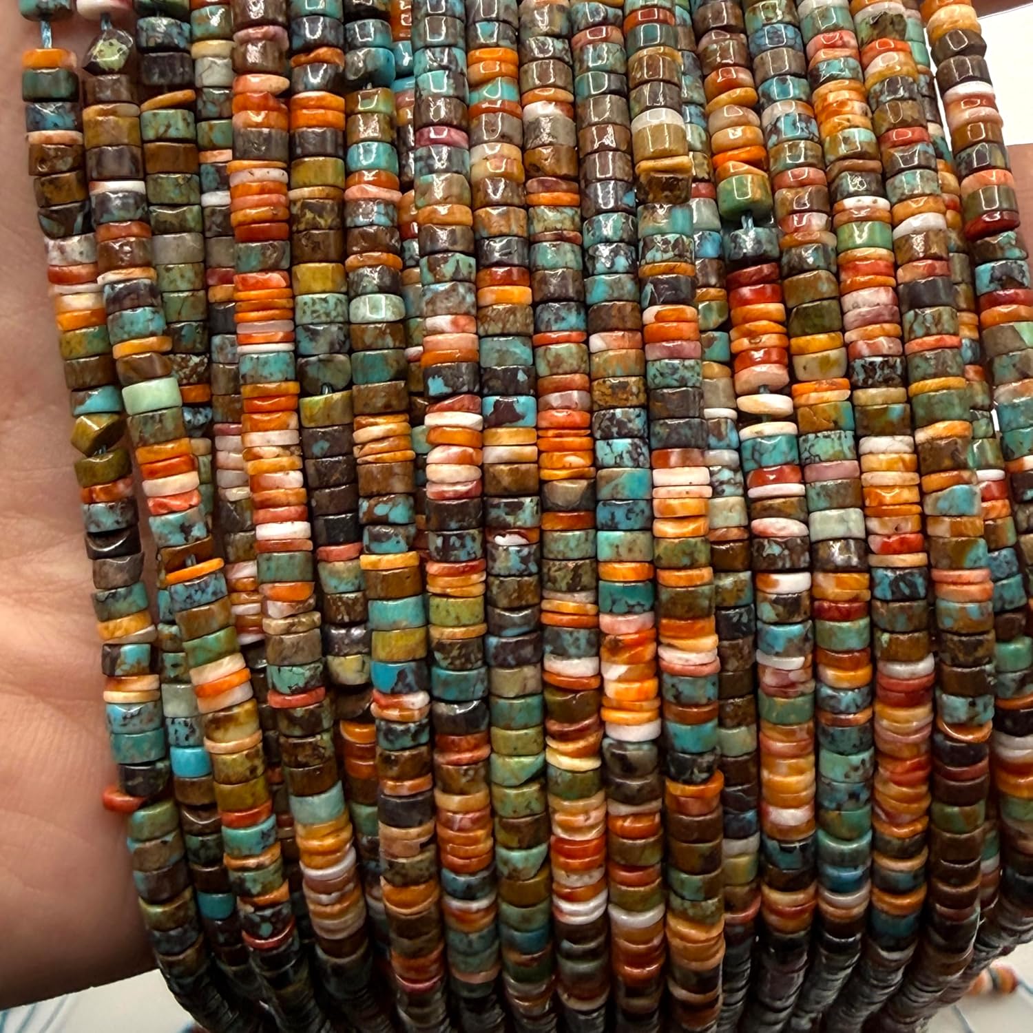 ABCGEMS Spiny Oyster Shell Beads & Natural Turquoise with Matrix - Ethically Sourced - Small Batch Production - Native American Style - Southwestern Jewelry Making Supplies - Smooth Heishi 4mm Tiny