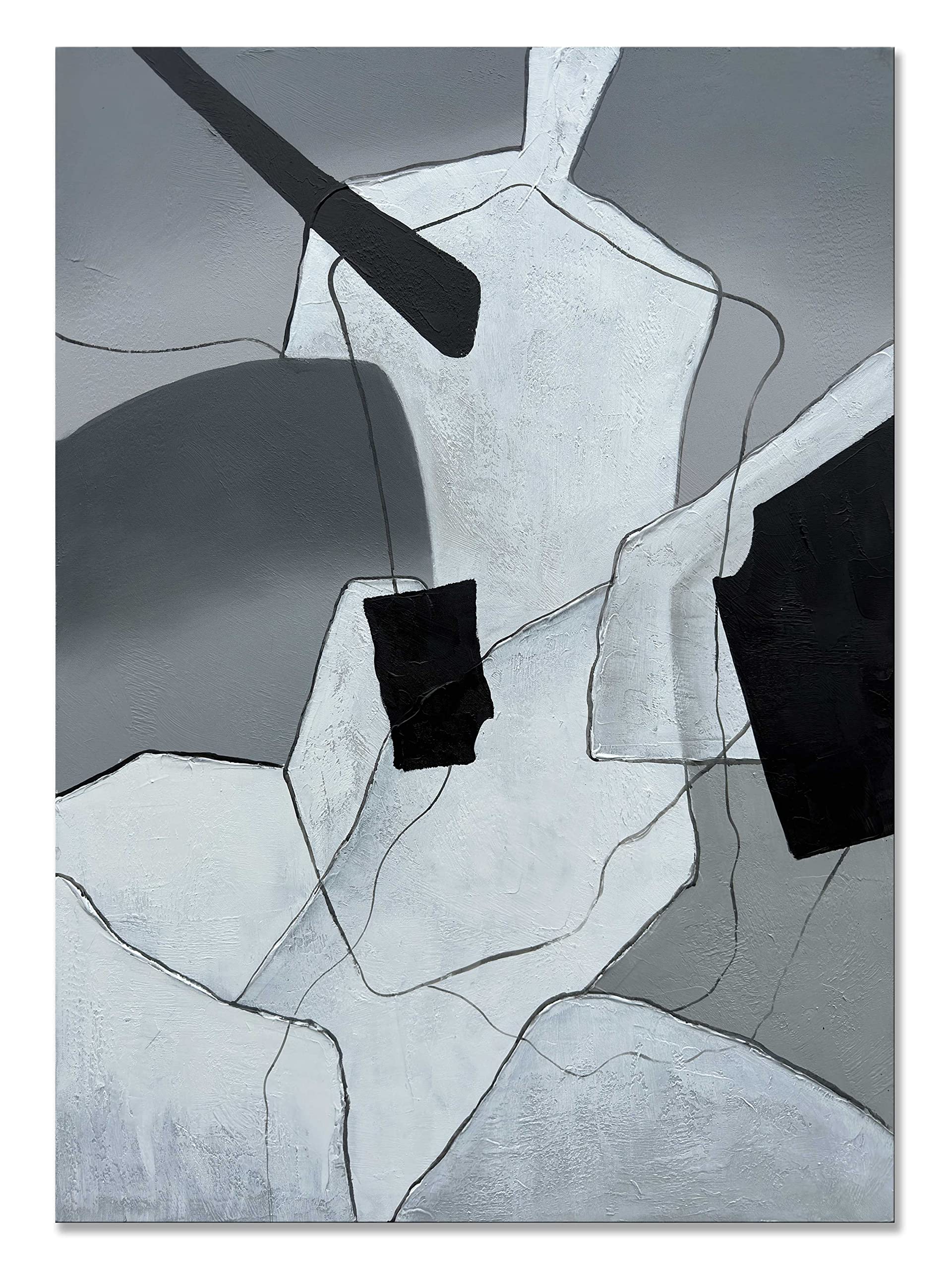 Eonzeun Hand Painted Abstract Canvas Wall Art 28x40 inch, Contemporary Minimalist Black White and Grey Vertical Artwork Wall Paintings for Wall Decorations