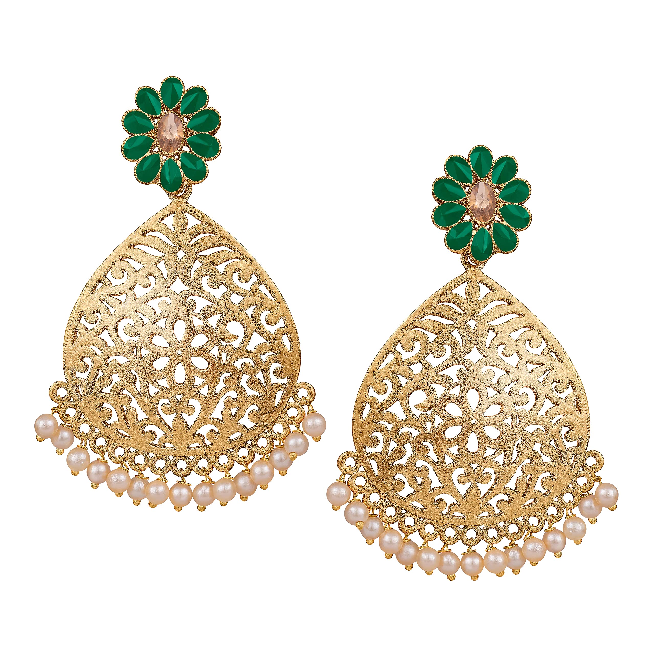 JFL-Jewellery for Less Stylish Gold Tone Polki Stone Studded Filigree Earings with Pearl Danglers. (Green),Valentine (B0921Y7PQ8) Amazon Price History, Amazon Price Tracker