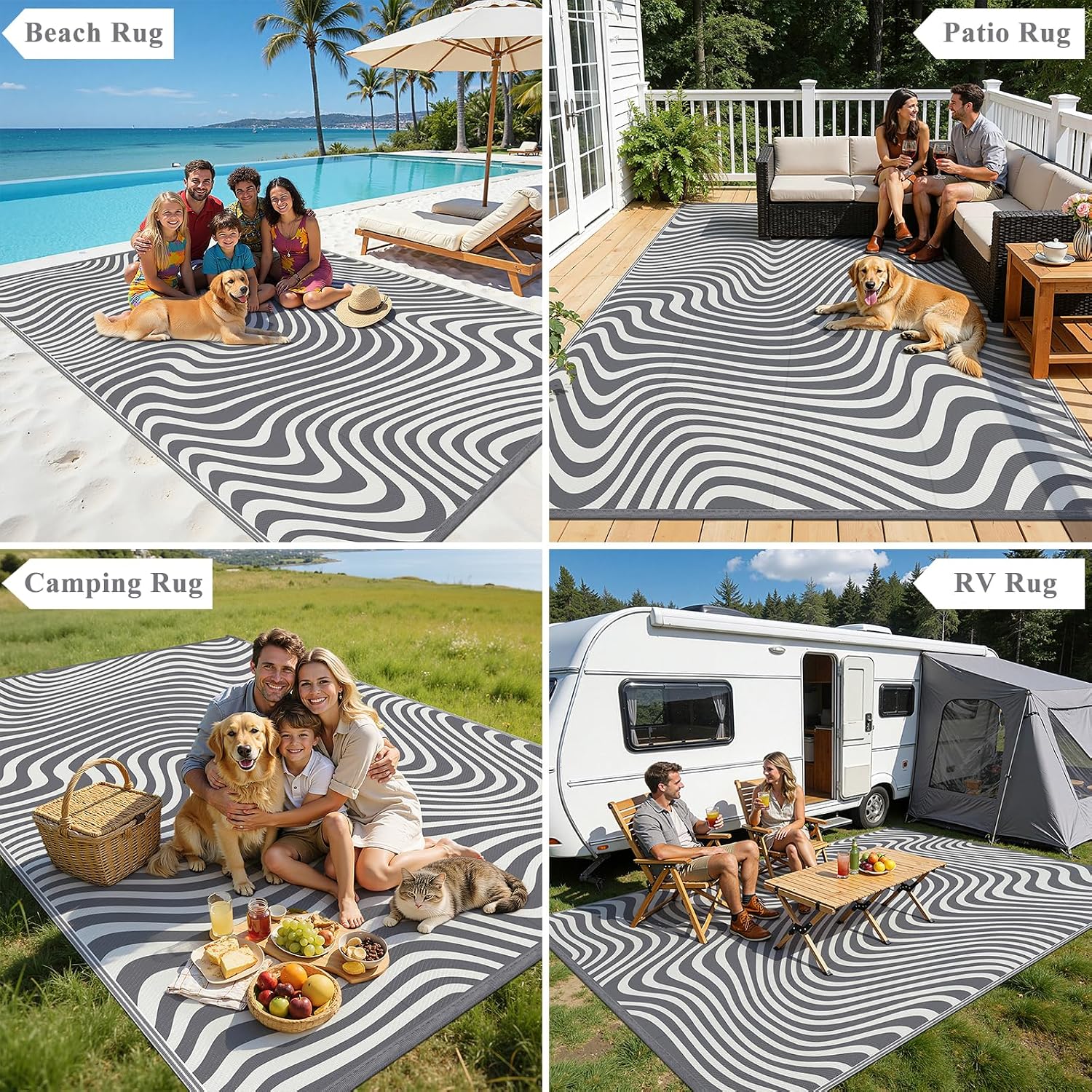  Waterproof Outdoor Rug 8x10, Grey Striped Patio Mat thumbnail