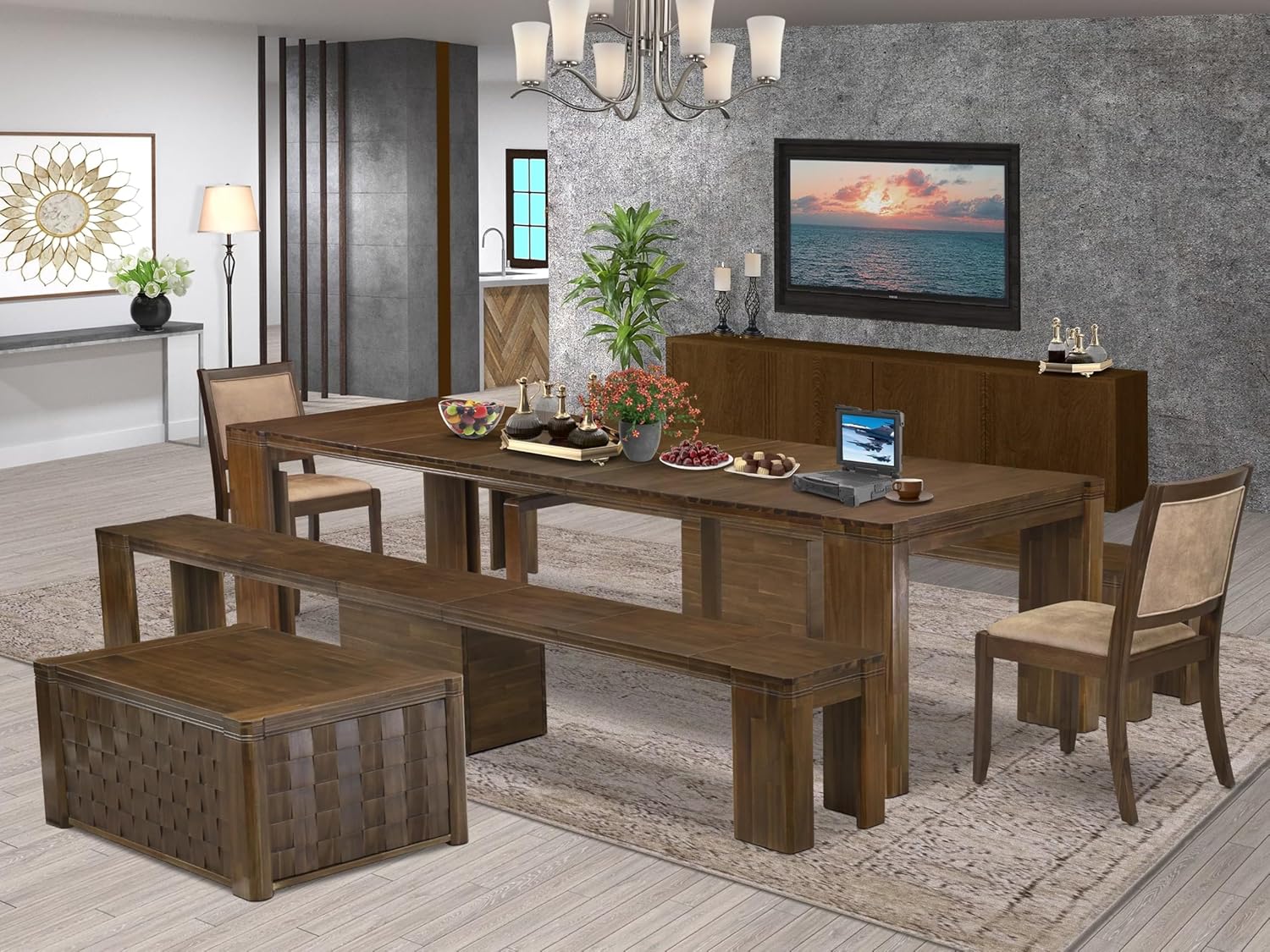 X02X2-2C8-28 6-Pc Dining Table Set includes an Extendable Rectangle Kitchen Table, 1 Coffee Table, 2 Stackable Polyester Chairs and 2 Benches, 39x120 Inch, Antique Walnut