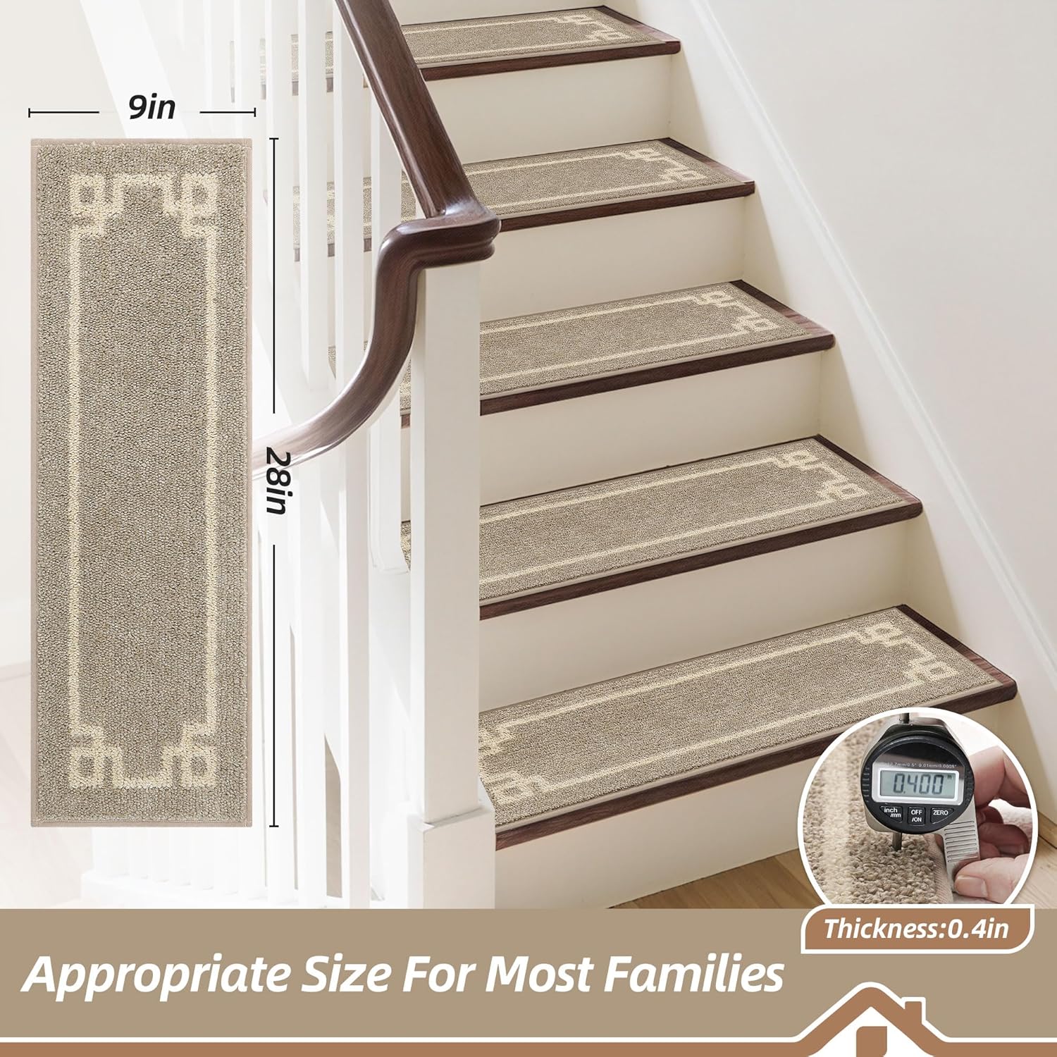 BEQHAUSE Stair Treads for Wooden Steps Non Slip Washable Carpet Stair Treads with Reusable Residue Free Backing Soft Polyester Stair Rugs Indoor for Kids Elders and Dogs, 15pcs,Taupe