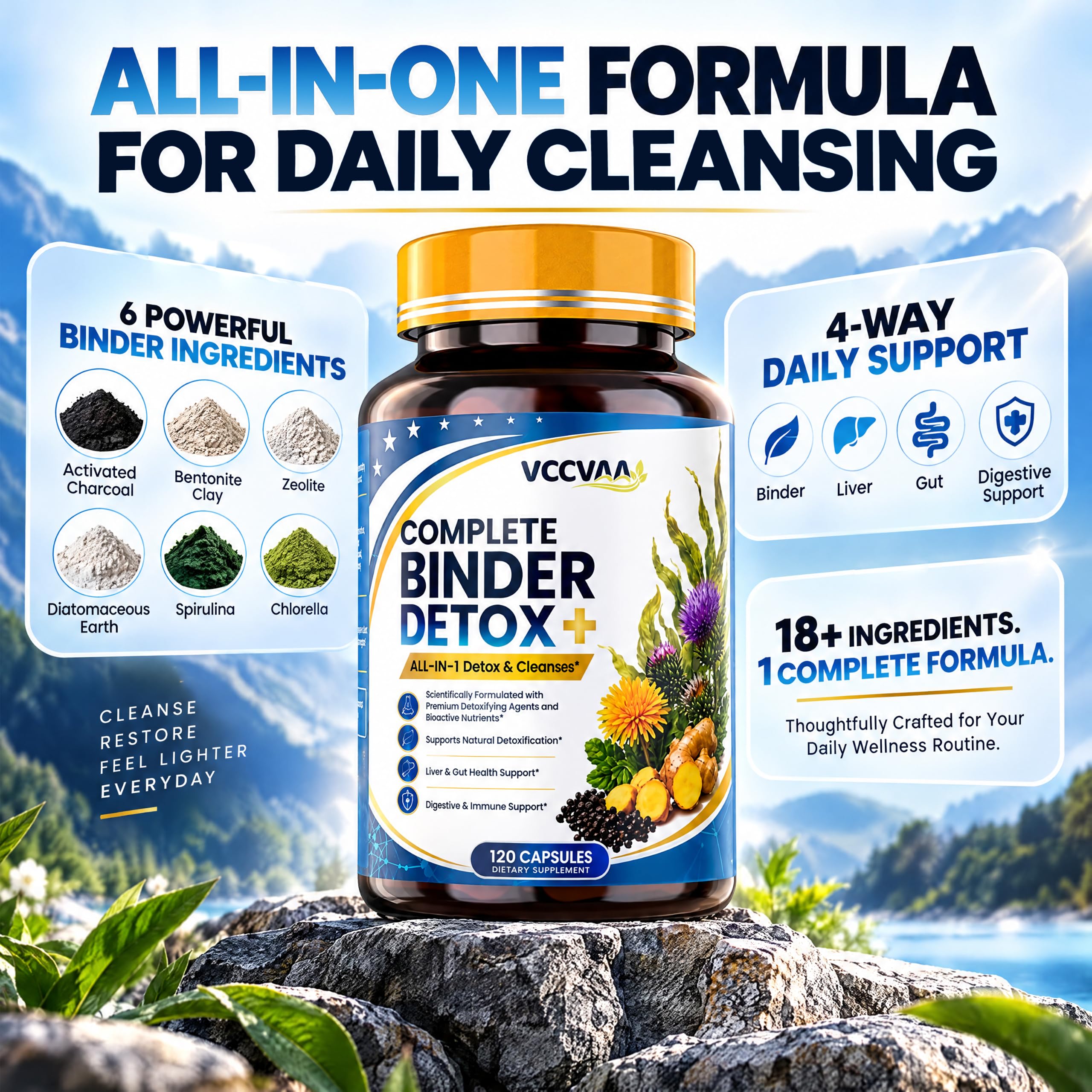 18+ Ingredients Detox & Full Body Cleanse Pills - GI, Parasite & Zeolite Detox, Activated Charcoal, Bentonite Clay, 5 Billion CFU, Probiotics, NAC, Turmeric, Liver Support, 120 Vegan Capsules — Amazon image 3