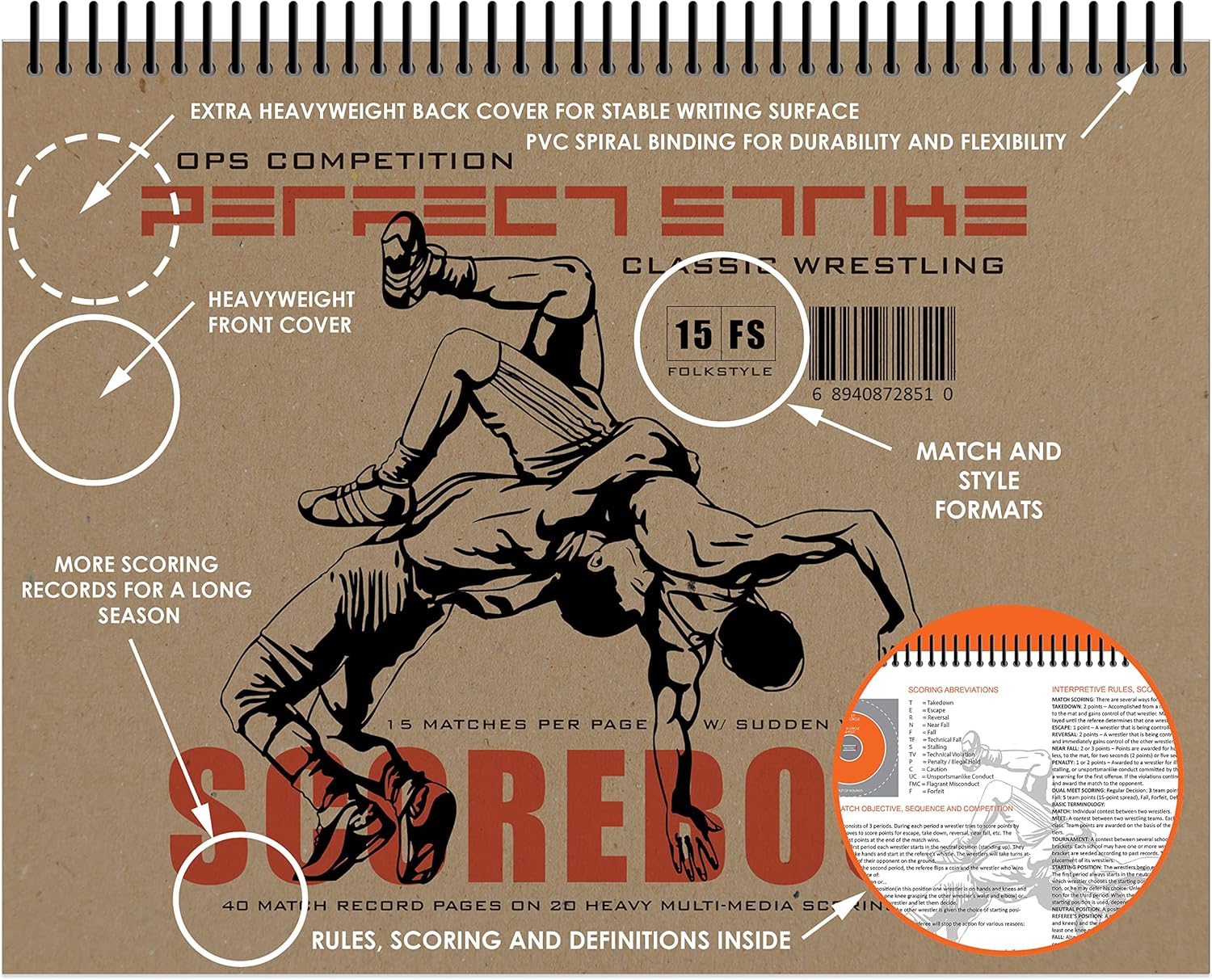 Perfect Strike Wrestling Scorebook with Rules and Scoring Instructions : Heavy Duty. Meets and Tournaments. TS-15-FS-H.