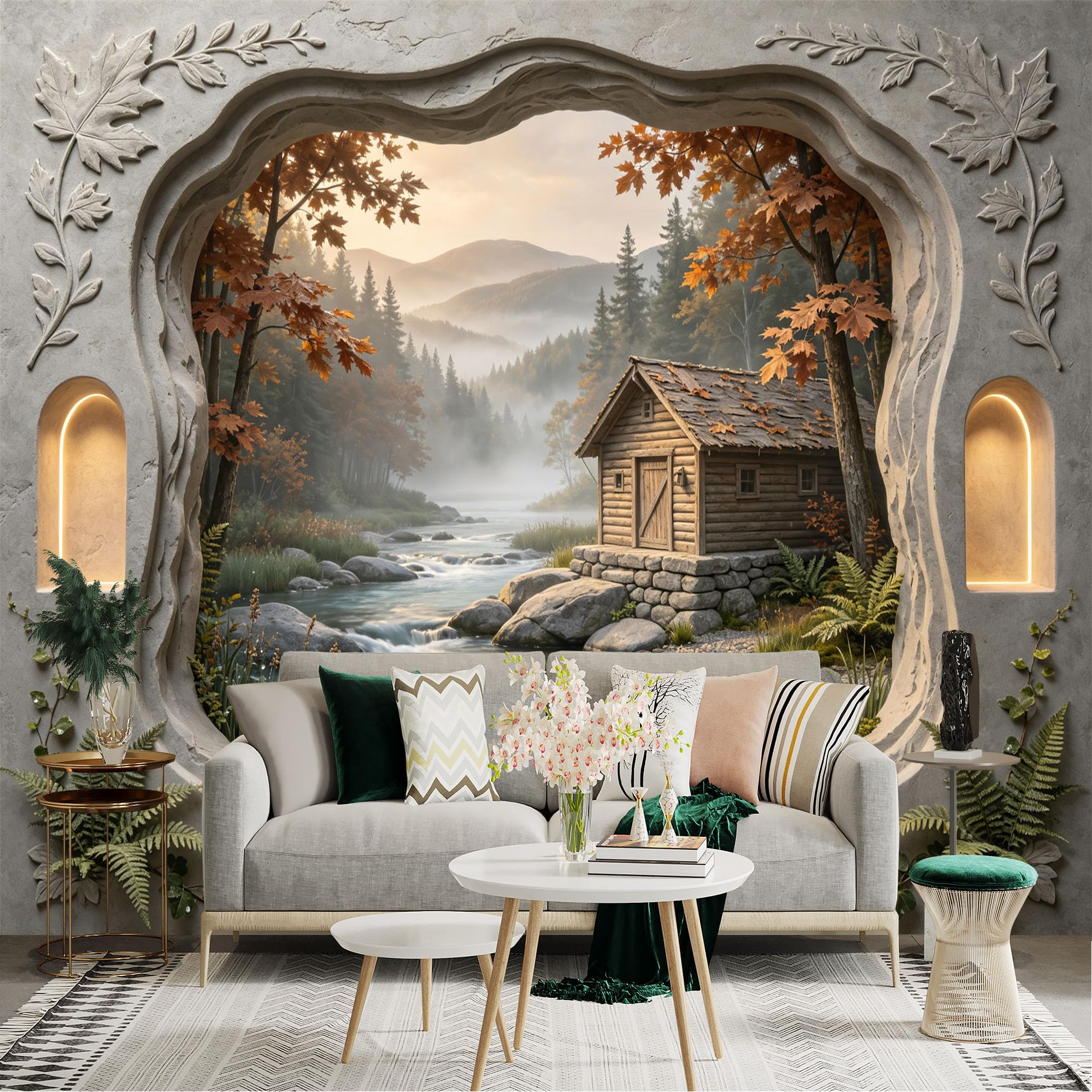 Custom Size Wall Sticker Mural， Cabin by River with Autumn Forest and Misty Mountains， for wall Decoration， peelandstick wall Decals.