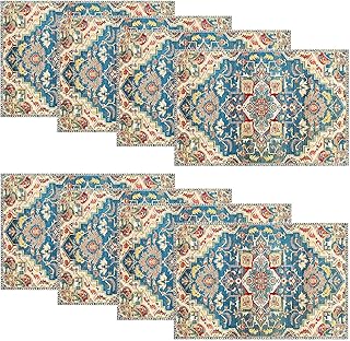 Boho Place Mats Indoor Set of 8, Farmhouse Machine Washable Table Placemats Linen Fabric Wipeable Heat Resistant Waterproof Kitchen Placemat for Dining Tables Dinner 12x18 Inches, Blue