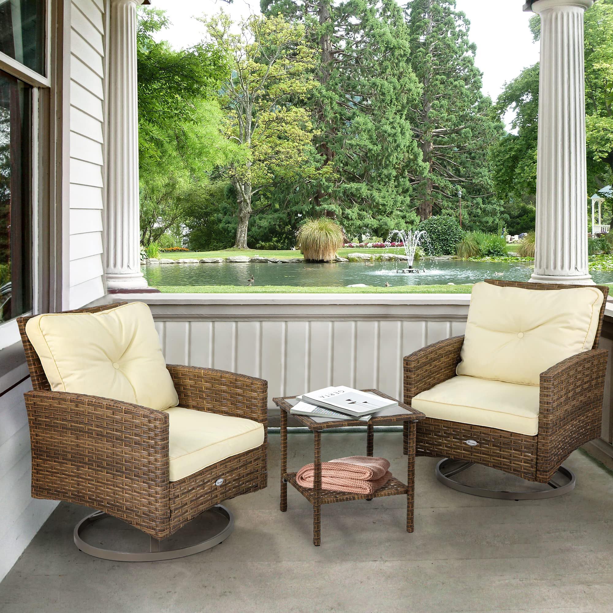 Outdoor Swivel Rocker Patio Chairs Set of 2 and Matching Side Table - 3 Piece Wicker Patio Bistro Set with Soft Fabric Cushions for Garden Porch, Backyard, Balcony (Dark Brown)