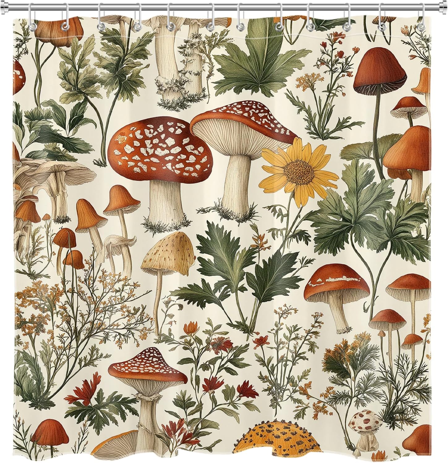 Rustic Retro Mushroom Shower Curtain with Hooks, Yellow Floral and Green Leaf Plant on Beige Backdrop Bathroom Curtains Shower Set, 72W x 78L inches