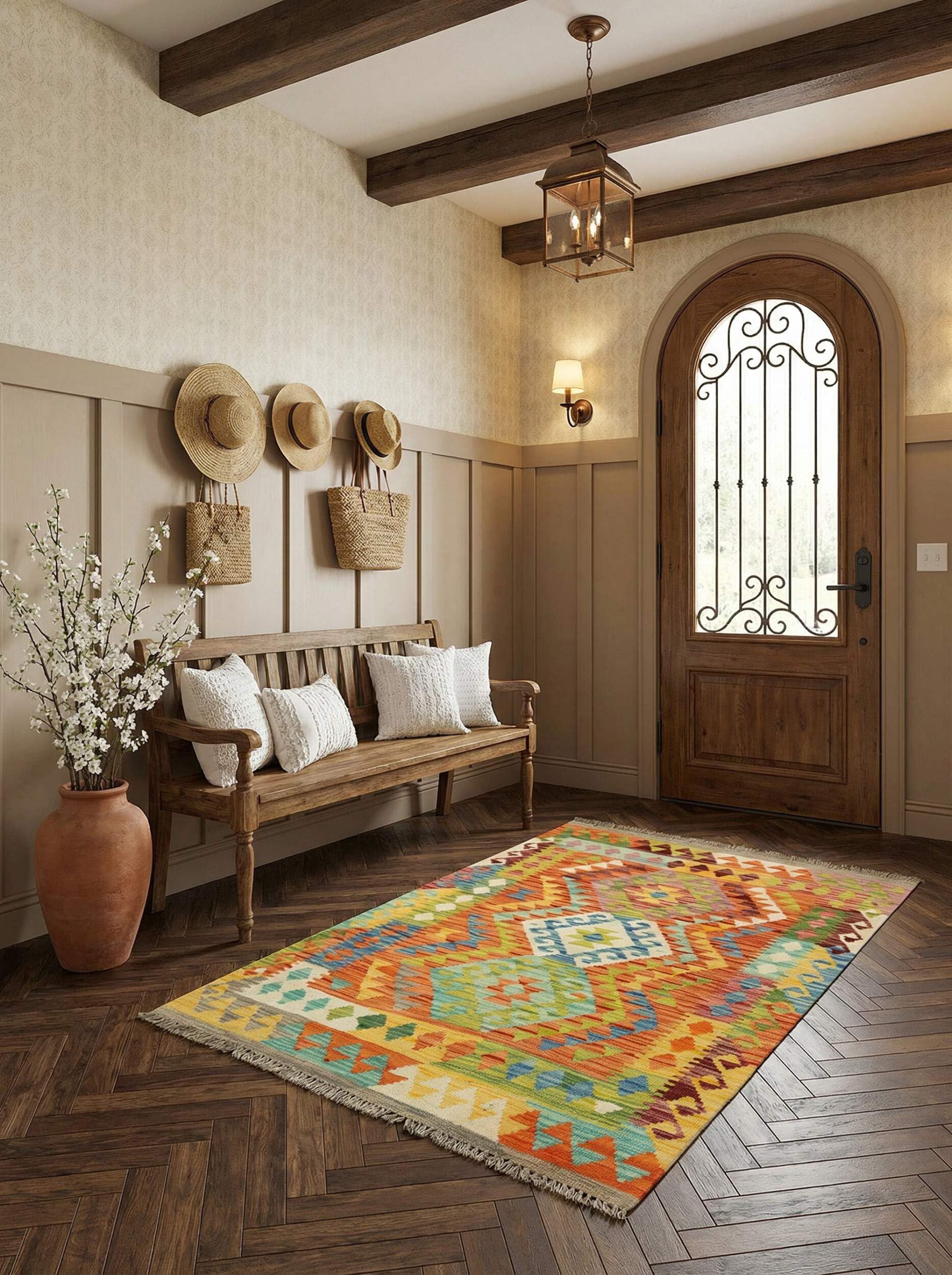Tapis Kilim 100 % laine 150 x 101 cm, fait à la main, pièce unique style Herat Boho multicolore, tissu plat, tapis d'entrée et chambre
