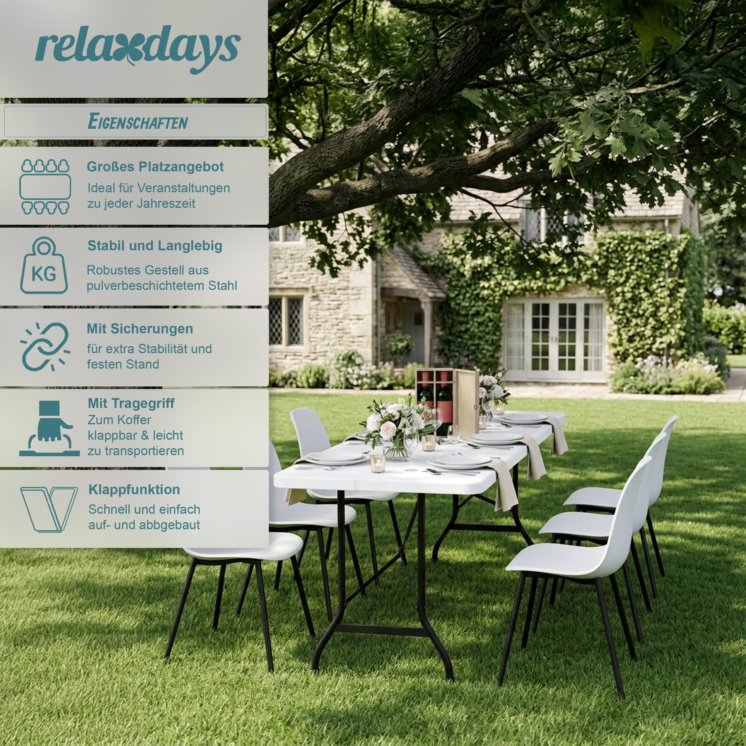 Relaxdays Gartentisch, klappbar, HBT: 75 x 220 x 68 cm, Kunststoff, Stahl, wetterfester Klapptisch, Outdoortisch, weiß