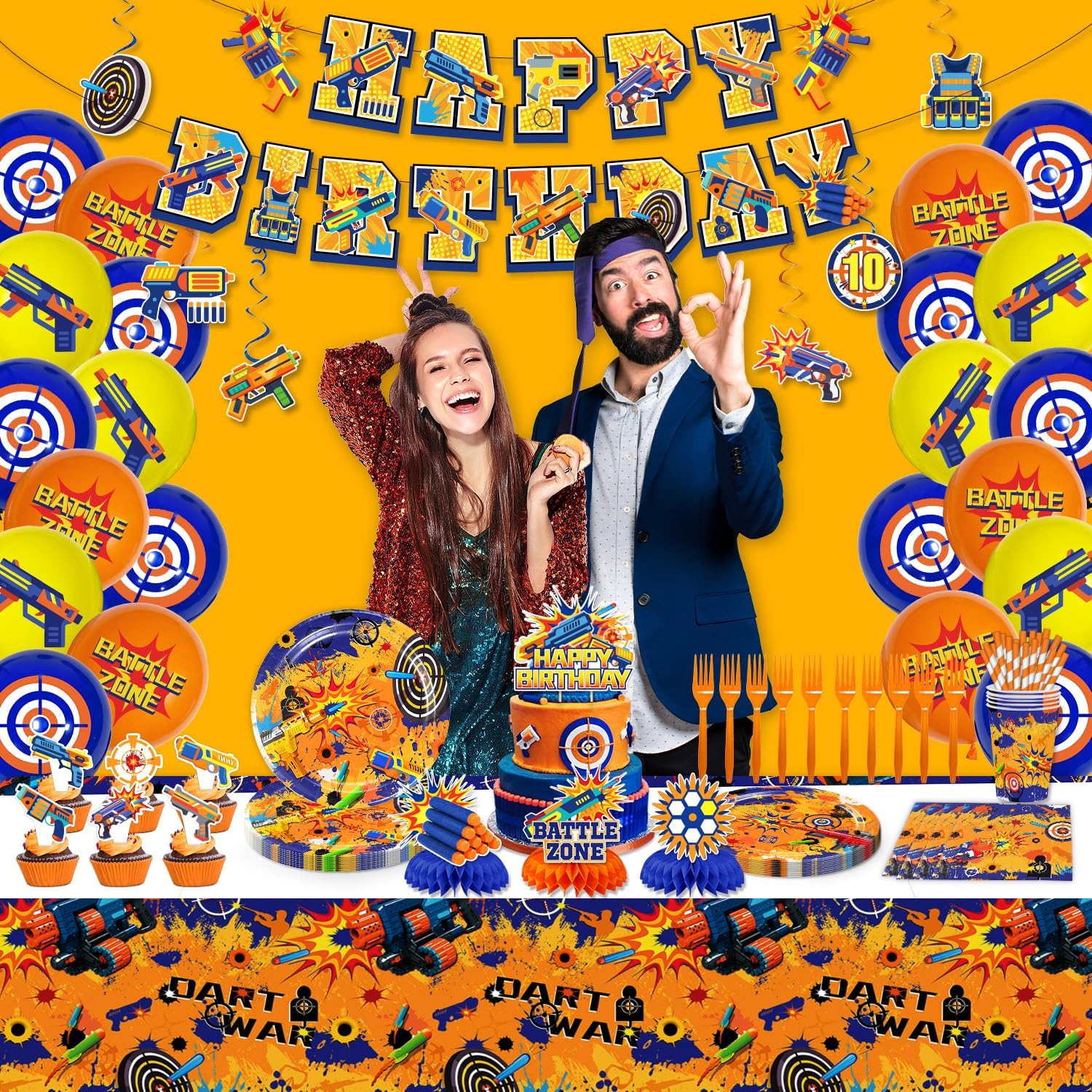 188PCS Dart War Party Supplies Birthday Decorations Dart Battle Disposable Plates Napkins Set, Banner, Hanging Swirls, Tablecloth, Cake Topper, Balloon, Honeycomb Centerpieces Table Decorations