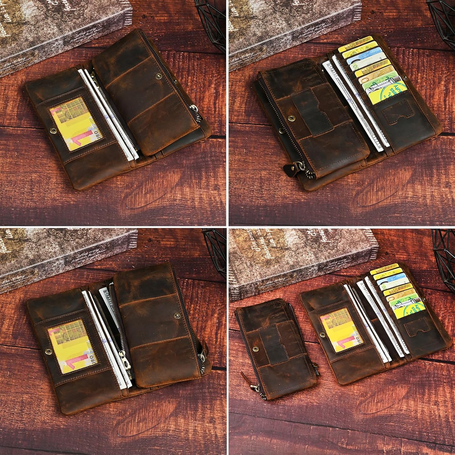 Genuine Crazy Horse Leather Travel Gift Coin Pocket Card Case Long Organizer Chain Rfid Wallet Purse With Snap For Men Male 1029 (1029 Brown) image 7 of 7 B0CLR6DFF1