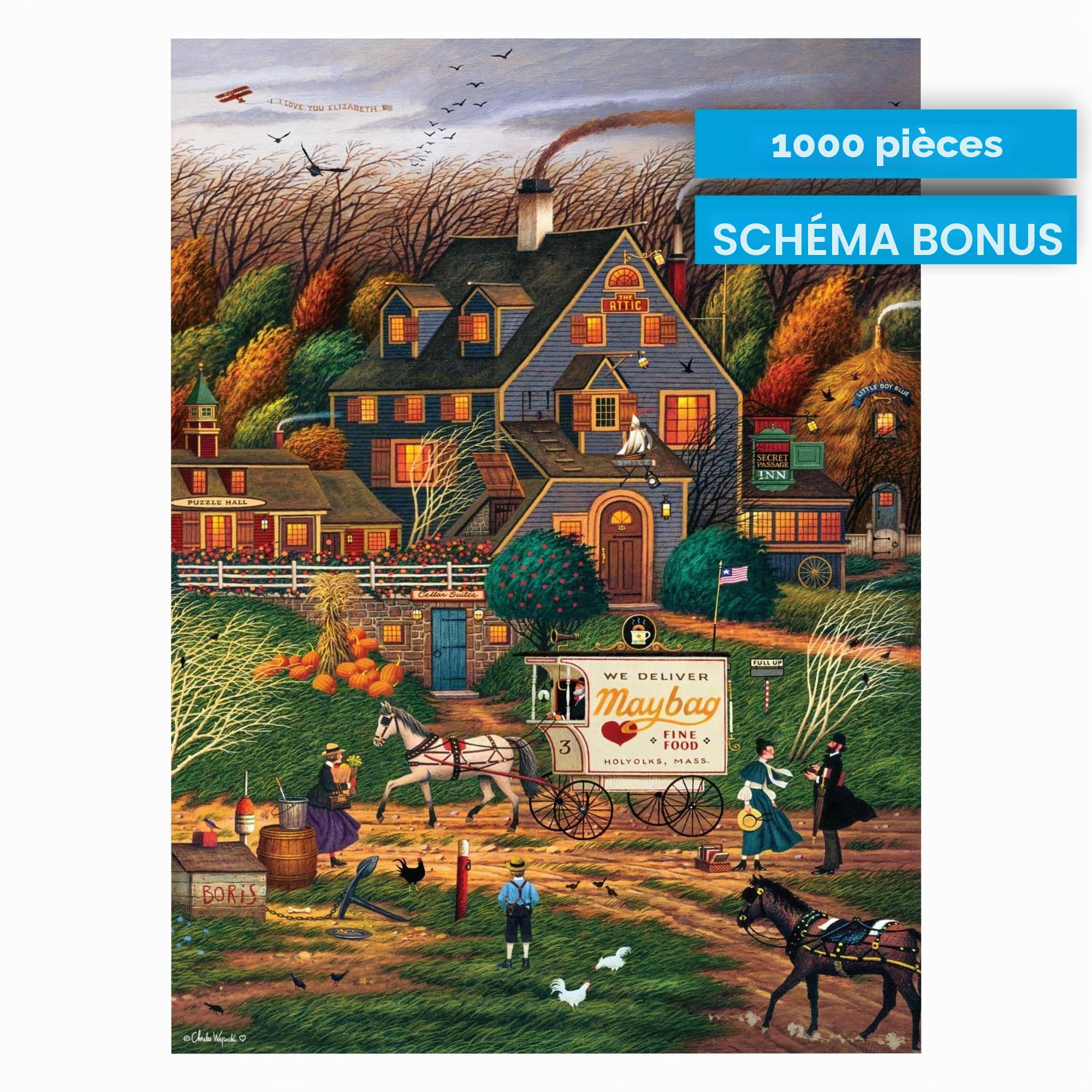Buffalo Games – Charles Wysocki Secret Passage Inn – Puzzles de 1 000 pièces difficiles d'automne pour adultes, taille finie de 68 x 50 cm