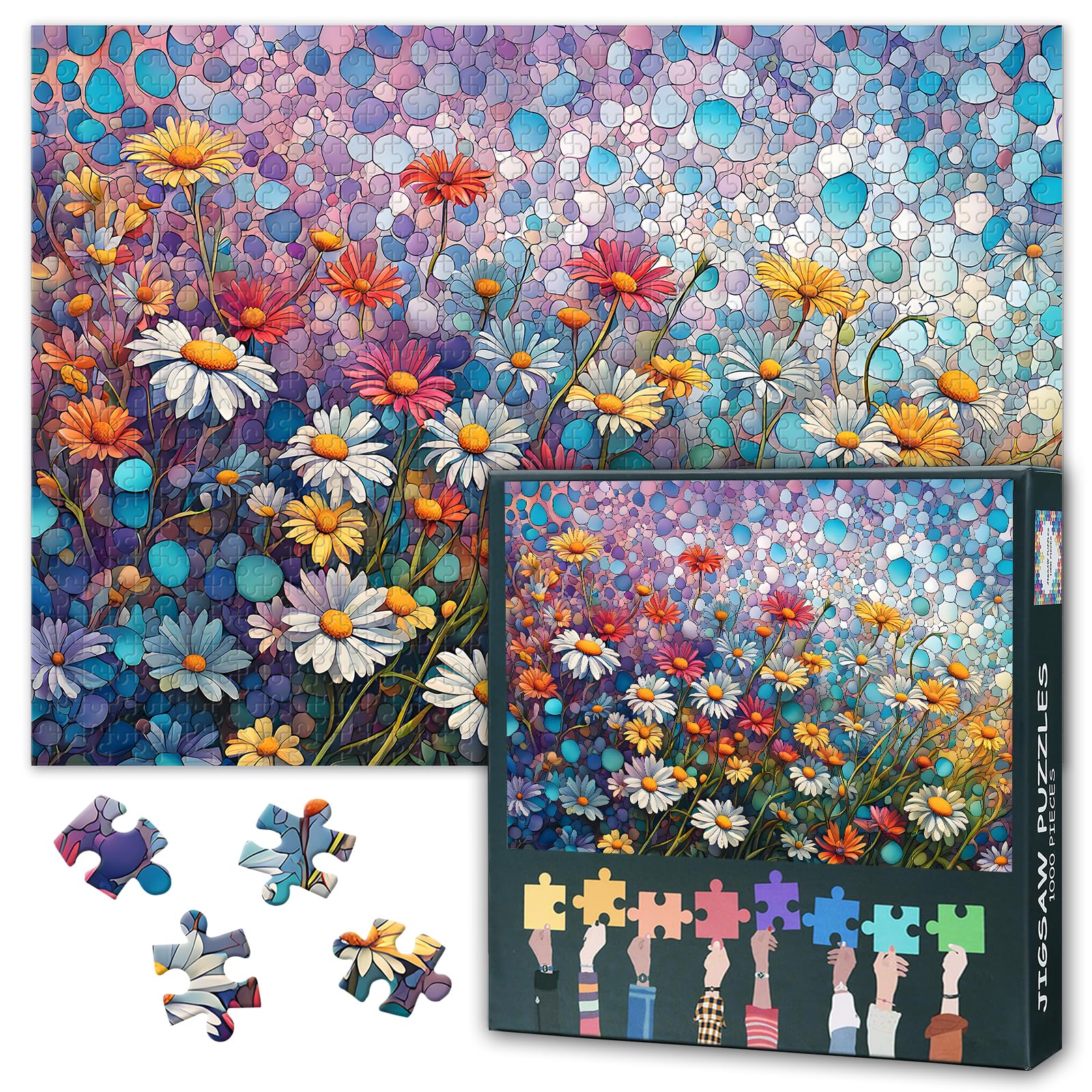 Flowers 1000 Piece Puzzle for Adults, Stained Glass Daisy Jigsaw Puzzles, Vibrant Bloom Plant Adult Puzzles 1000 Pieces, Challenging Puzzle for Family Educational Games 27.5x19.7 Inch โ image 1