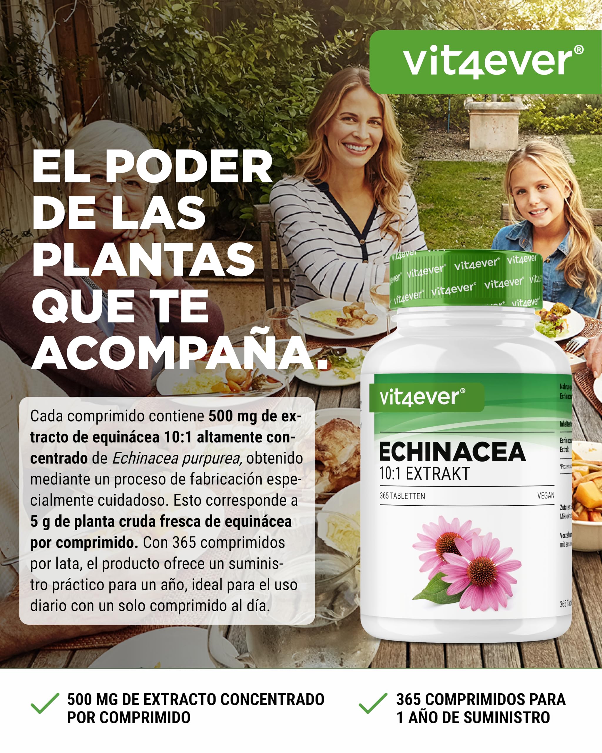 Echinacea 500 mg - 365 comprimidos veganos - Extracto natural de equinácea 10:1 - Alta dosis - Sin aditivos indeseables - Vegano