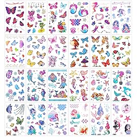 Konsait Glitter Temporary Tattoo for Girls, 24 Sheets Butterfly Mermaid Fairy Flowers Tattoo Stickers for Kids, Waterproof Fake Tattoos for Birthday Party Favors Goodie Bags Stuffers Party Fillers