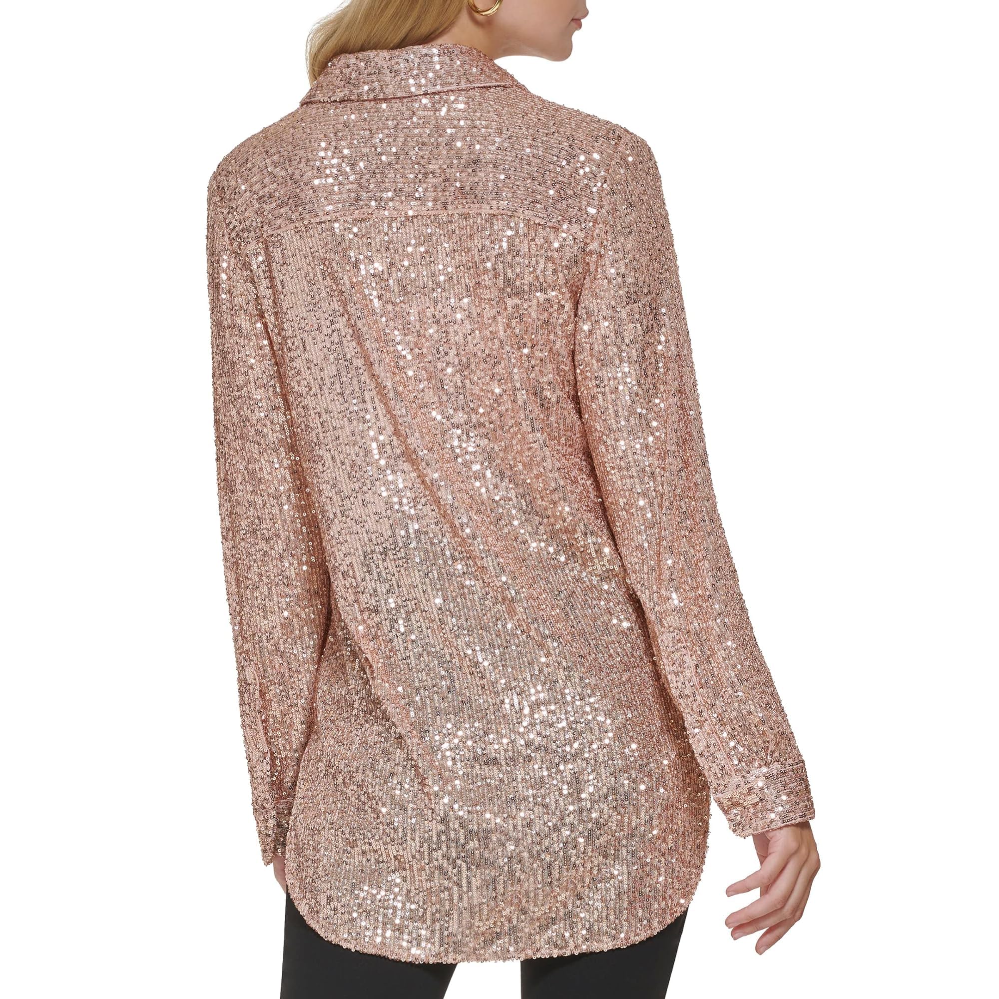 Calvin Klein Sparkly Tunic Long Sleeve Sequin Mesh Oversize Blouse Mujer