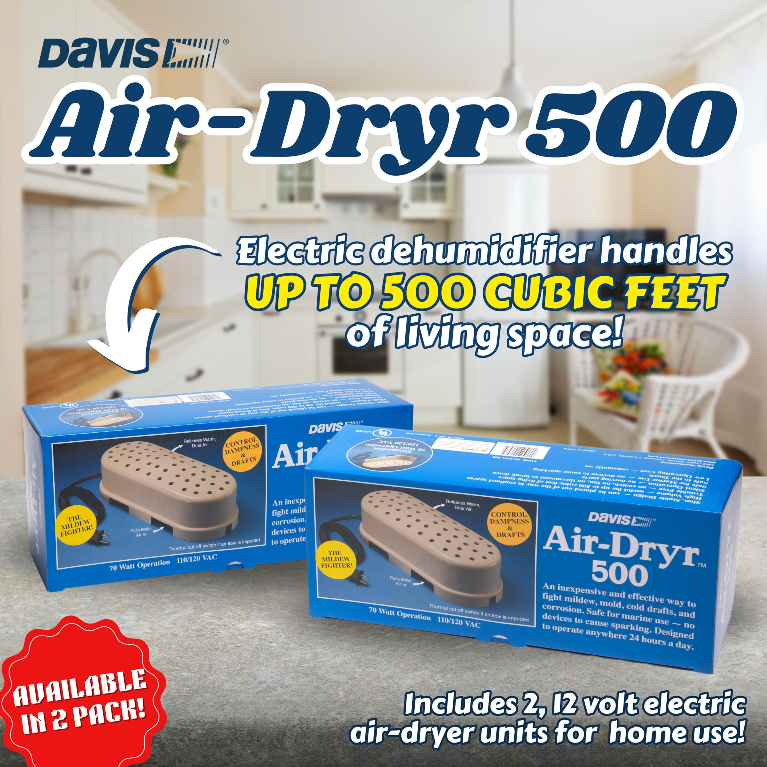 Davis Instruments Air-Dryr 500 Dehumidifier Bundle (2 Pack) Quiet Boat Dehumidifier for Moisture Problems and Wet Air Solution - Portable Dehumidifier for RVs, Campers, Boats, Home, Office and More!
