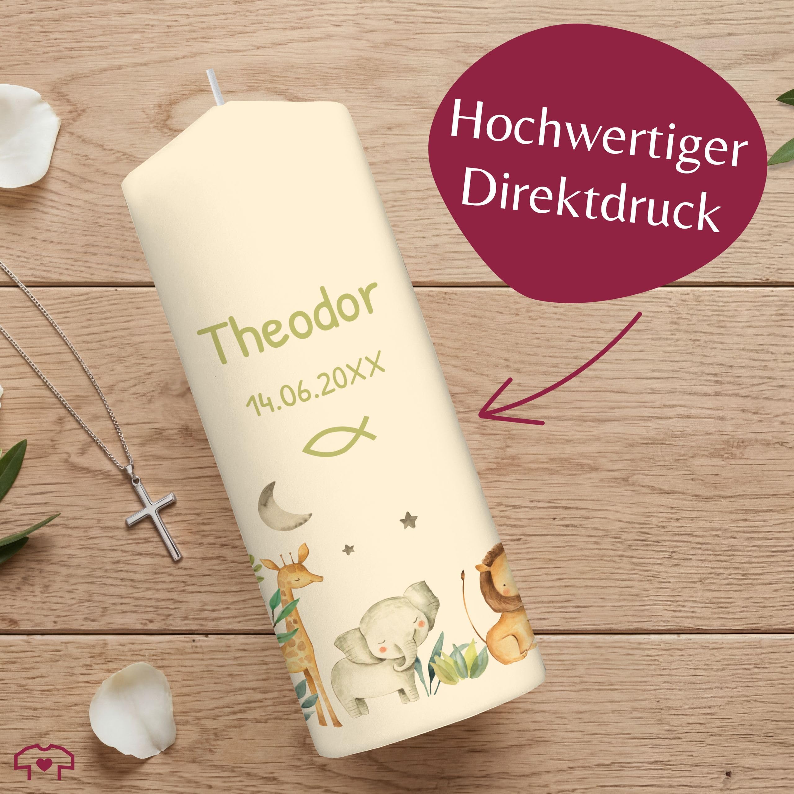Taufkerze - Zur heiligen Taufe Safari Tiere mit Datum und Name - Taufgeschenk personalisiert - 230/78 mm - Elfenbein