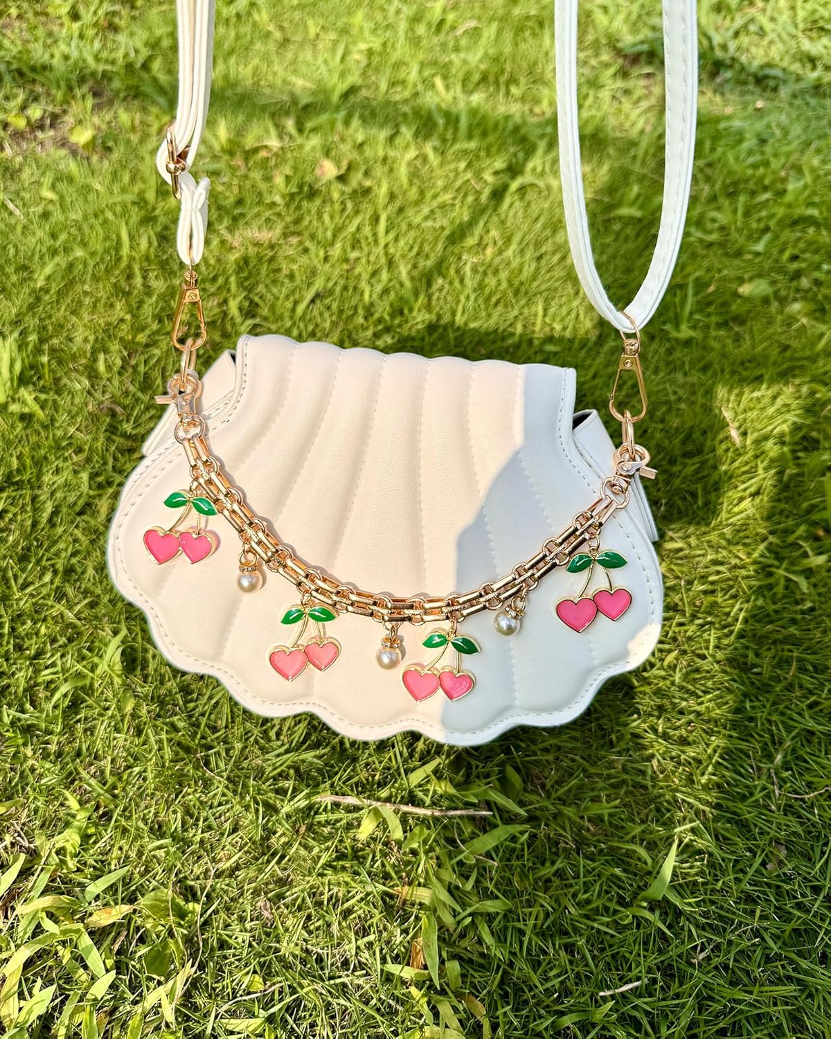 Cute Cherry Bag Chain Keychain with Pearl, Pink Bow Purse Charm, Trendy Handbag Bag Charm Keychain Accessories for Women - Image 3