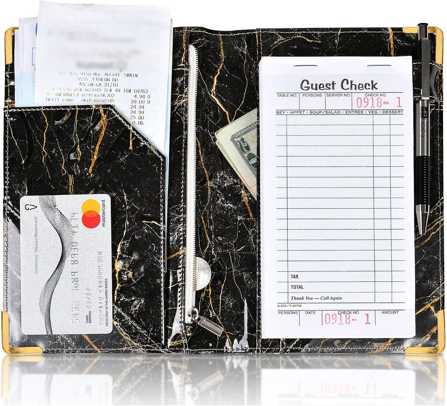 Server Book by Server Plus - Server Books for Waitress with Zipper Money Pocket and Pen Holder. Anti Stain Server Books with Metal Corners that Holds Order Pads and Fits Apron. Black Marble