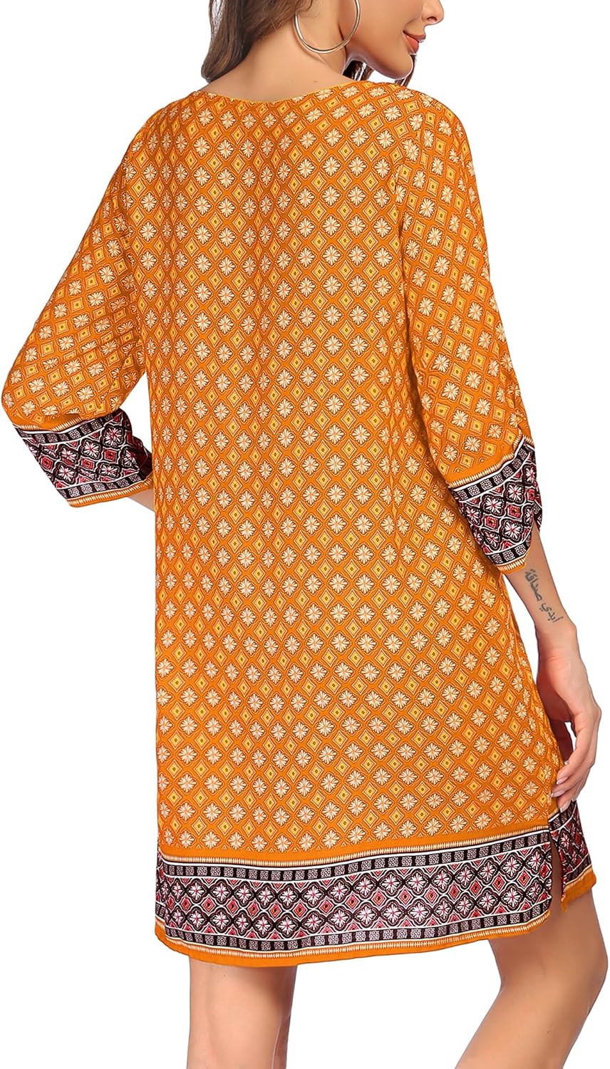 Zeagoo Womens Boho Dresses Casual Beach Summer Dress Tassel Tie Neck 3/4 Long Sleeve Mini Sundress 2026 Floral Print Cover Up - Image 6