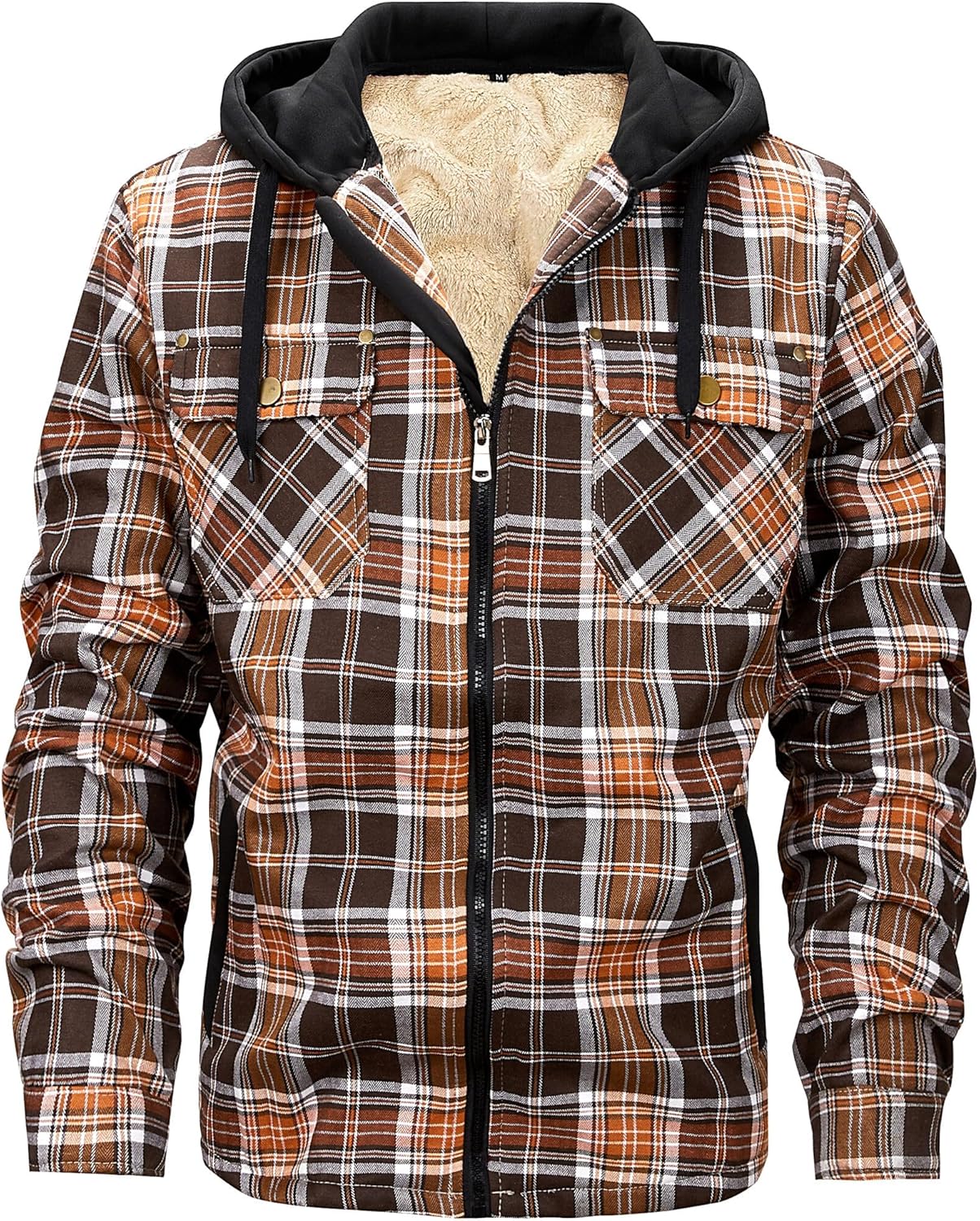 Men's Winter Cotton Plaid Shirts Jacket Warm Fleece Lined Flannel Hooded Shirt Jacket Coat for Men