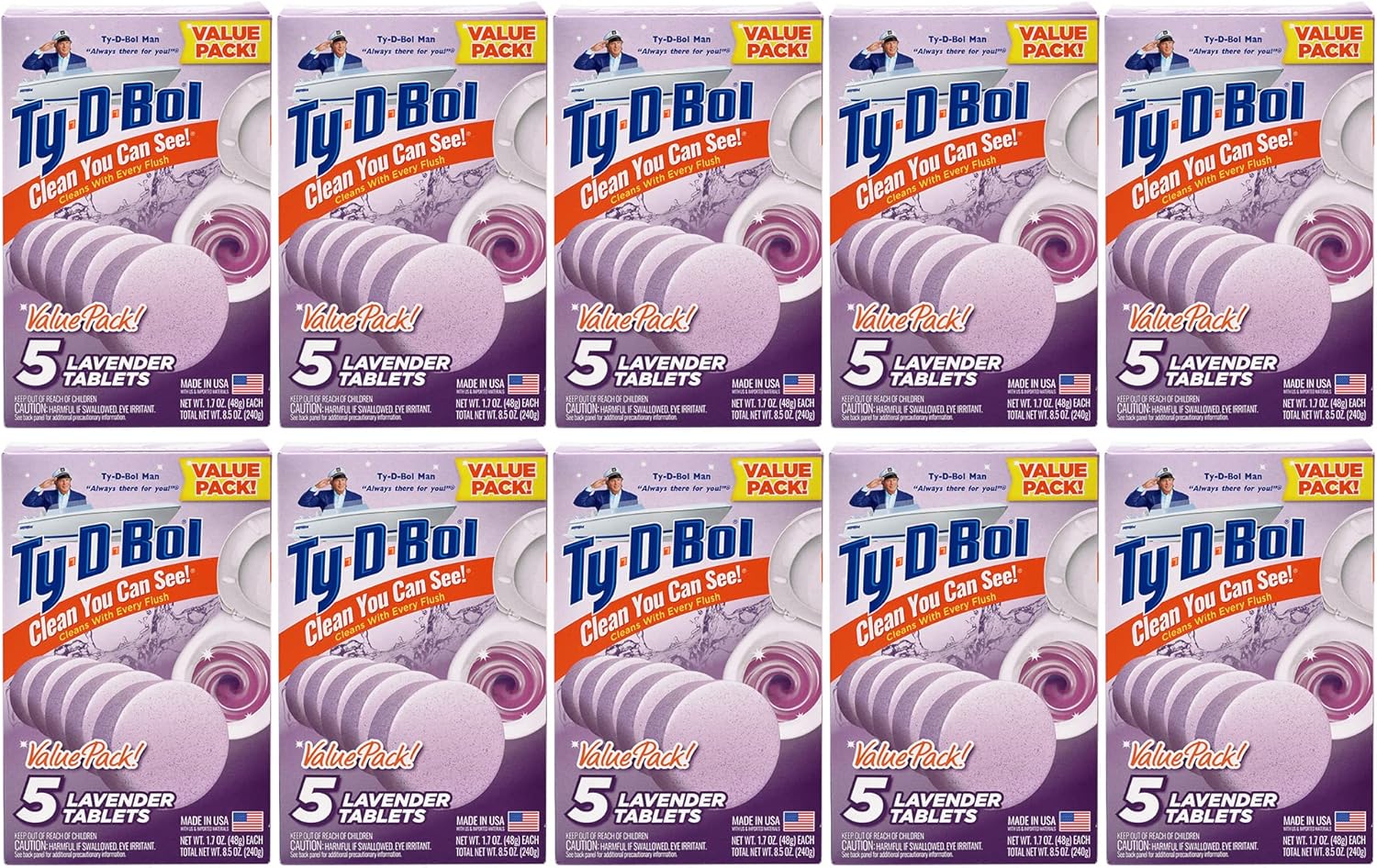 Ty-D-Bol Lavender Tablets Value 5 Pack, Cleans and Deodorizer Toilets for a Fresh Smelling Bathroom (Pack of 10)