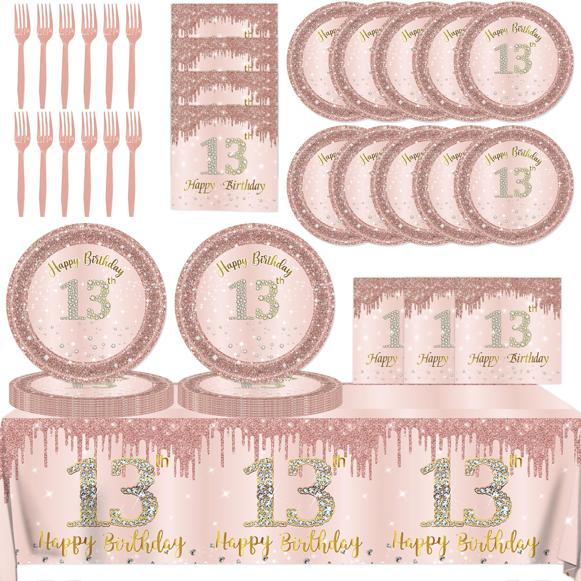 View 1 of 13th Birthday Decorations for Girls,61Pcs Rose Gold 13th Birthday Tableware Include Happy 13th Birthday Plates and Napkins,Tablecloth,Forks for 13 Year Old Birthday Decorations,Serve 20