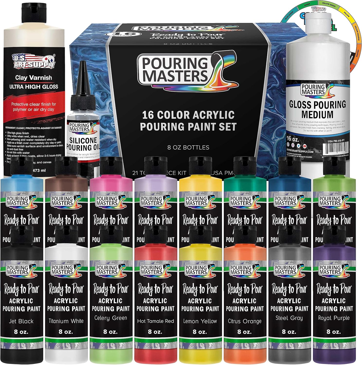 U.S. Art Supply Pouring Masters 16 Color Acrylic Pouring Paint 8 Ounce Set with Silicone Oil & Gloss Medium with 16 Ounce High Gloss Pouring Paint Art Topcoat & Clay Varnish