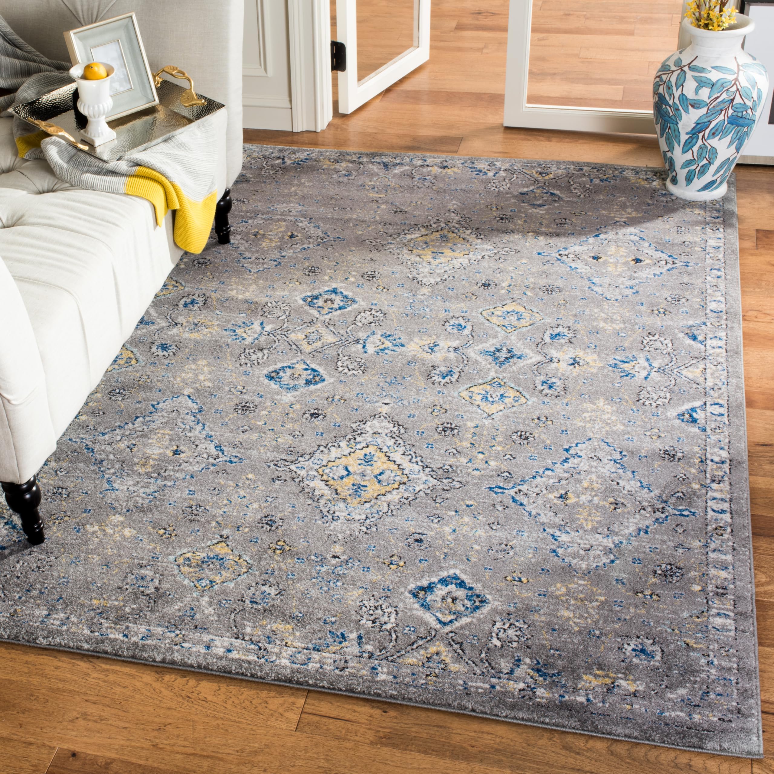 SAFAVIEH Evoke Collection 5'1" x 7'6" Dark Grey / Yellow EVK224G Boho Oriental Non-Shedding Living Room Bedroom Area Rug