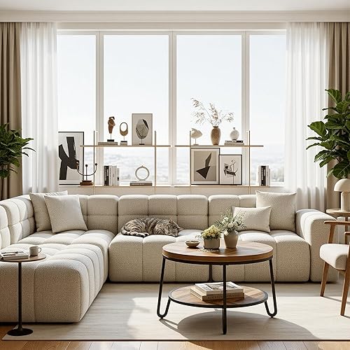 Miniatura 2 de Mesa auxiliar redonda de 32 pulgadas, mesa de centro de madera para sofá modular con estantes de almacenamiento de 2 niveles, mesa central de granja