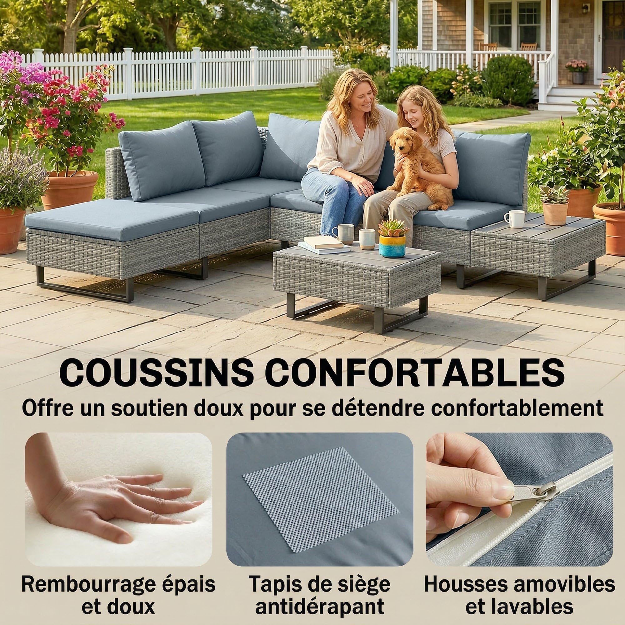 Outsunny Salon de Jardin d'angle 5 Places en Résine Tressée Canapé Extérieur Modulable avec Méridienne Ajustable Ensemble Mobilier de Terrasse avec Table Composite Gris