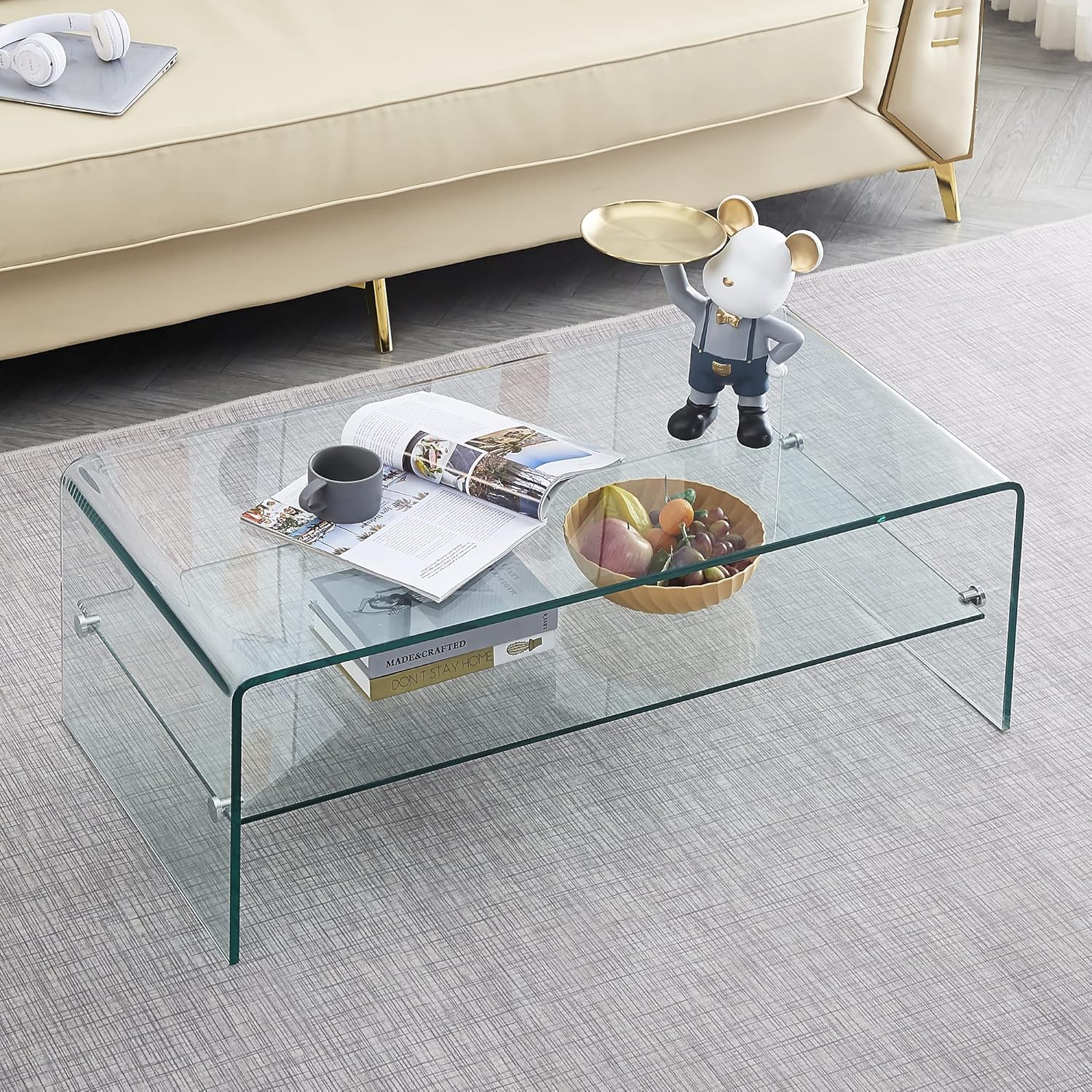 Clear Coffee Table, Modern 2-Layer Storage Waterfall Tempered Glass Coffee Tables for Living Room, Easy to Clean and Safe Rounded Edges 19.7" D x 39.4" W x 13.8" H