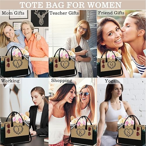 Miniatura 5 de Initial Jute Tote Bag for Women Beach Bag Tote with Zipper Adjustable Strap Bridesmaid Gifts Birthday Gifts for Women