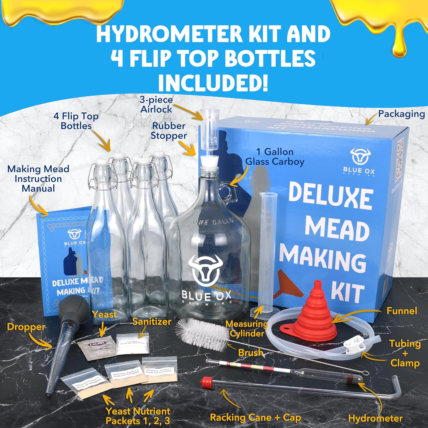 DELUXE Mead Making Kit with Storage Bottles, Hydrometer & Extra Yeast Nutrients - Honey Wine Making Kit - Mead Kit Complete - Mead Supplies for 1 Gallon of Mead – Mead Brewing Kit