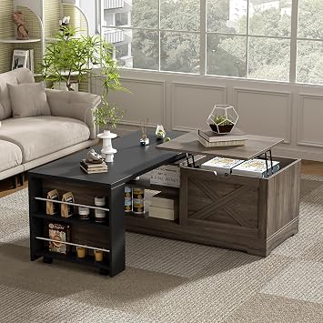 Lift Top Coffee Table with Barn Doors, Farmhouse Wood Rectangle Center Table with Large Hidden Storage Space and Open Cabinet, for Living Room, Bedroom, Home Office, Brown+Black