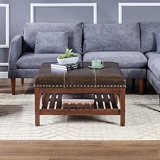 Convenience Concepts Designs4Comfort Silverton Coffee Table Ottoman 32" - Modern Cocktail Ottoman for Living Room, Footrest for Family Room, Coffee Table with Storage Shelf, Rustic Brown Vegan Leather