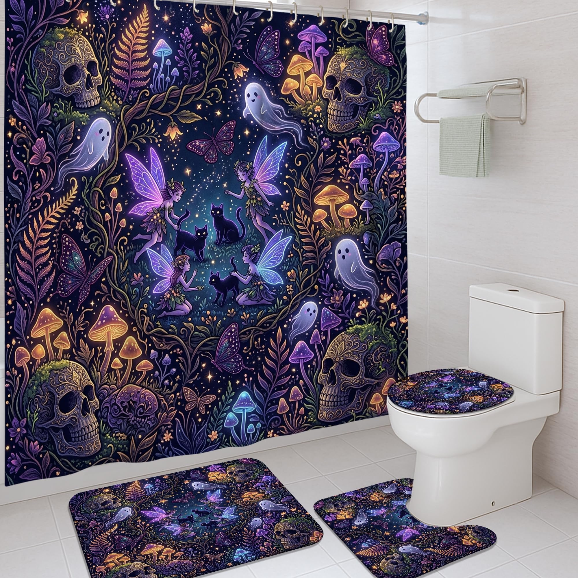 Rideau de douche Halloween violet motif crâne fantôme polyester imperméable 183x183cm