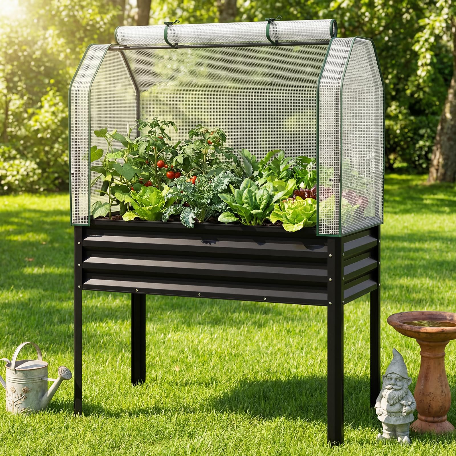 HOMASIS 2 in 1 Fioriera Rialzata da Giardino, Orto Rialzato da Esterno, Serra Copertura in PE con Porta Avvolgibile, Base Rimovibile, Aiuola per Verdure, Frutta e Fiori, 112 x 55 x 152 cm (1, Nero)