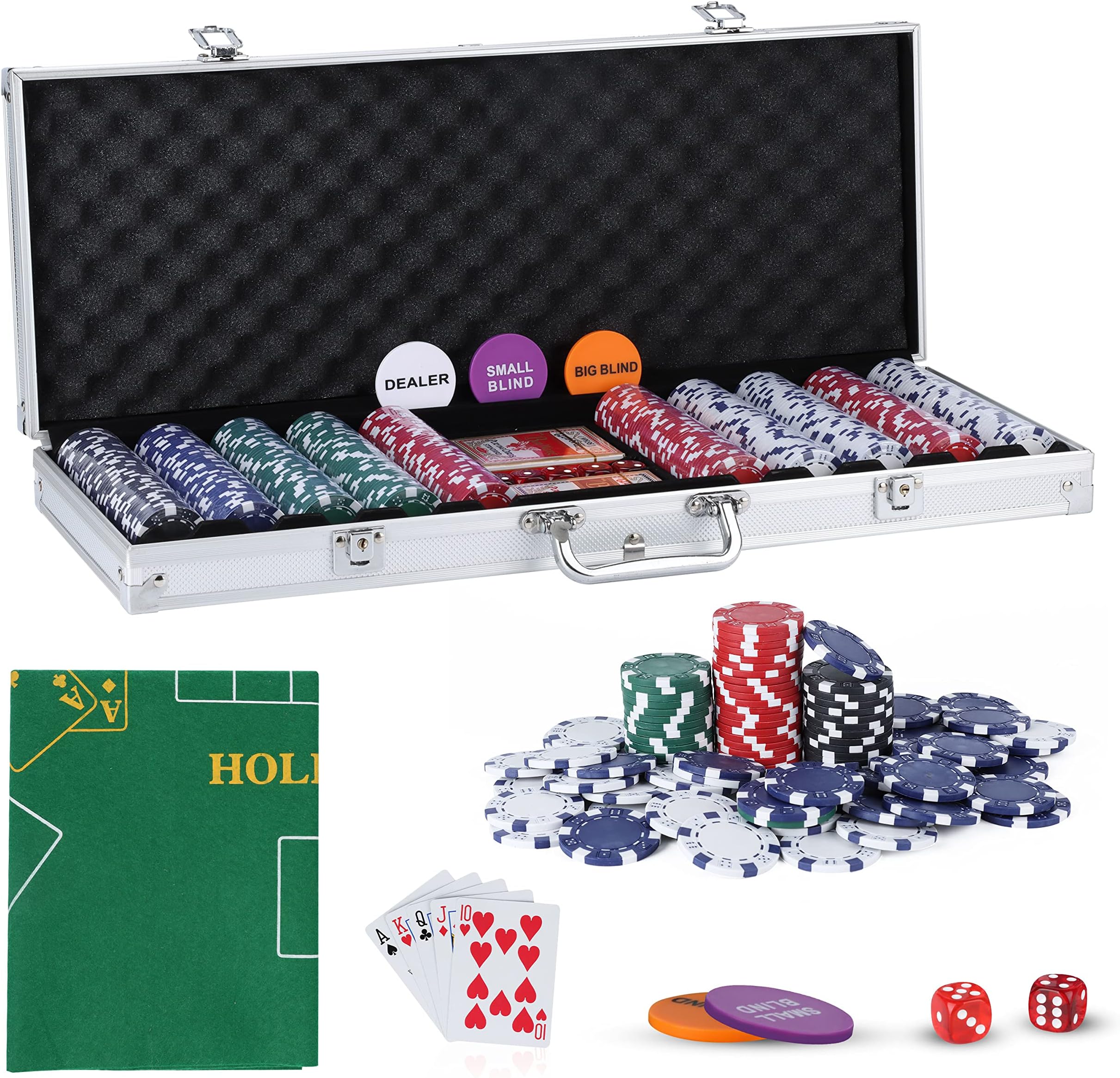 – SILVER VALLEY Texas Holdem Poker Set, 500 Piece Set in Aluminium Case with 11.5g Heavyweight Chips, 1 double-sided reversible Flet Mat, 2 Decks Playing Cards, 5 Dice, Dealer, Big Small Blind Button