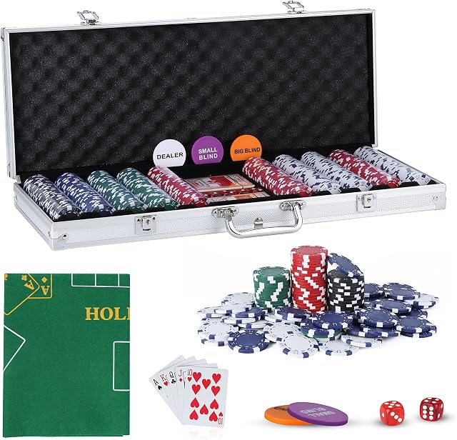 SILVER VALLEY Texas Holdem Poker Set, 500 Piece Set in Aluminium Case with 11.5g Heavyweight Chips, 1 double-sided reversible Flet Mat, 2 Decks Playing Cards, 5 Dice, Dealer, Big Small Blind Button