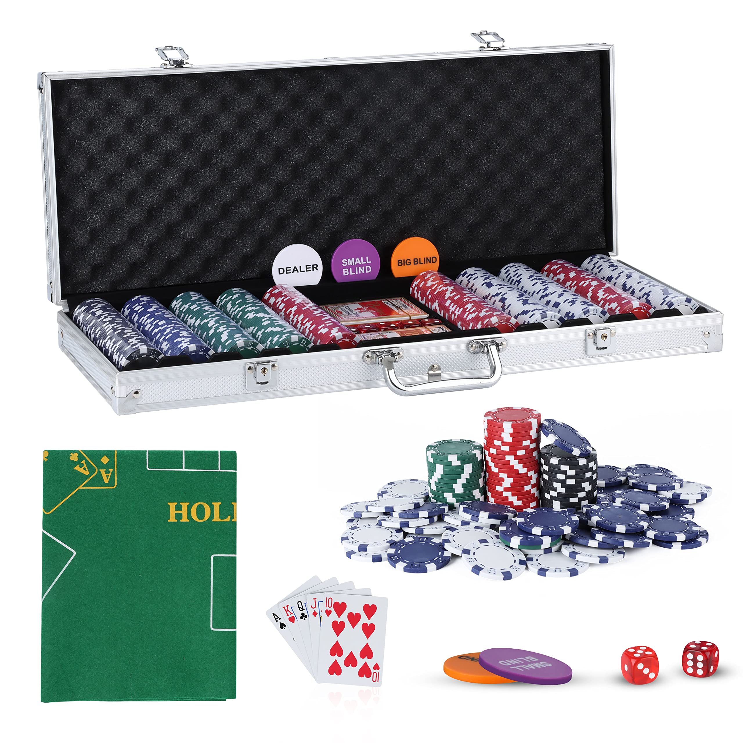 EPROSMIN Texas Holdem Poker Set, 500 Piece Set in Aluminium Case with 11.5g Heavyweight Chips, 1 double-sided reversible Flet Mat, 2 Decks Playing Cards, 5 Dice, Dealer, Big Small Blind Button