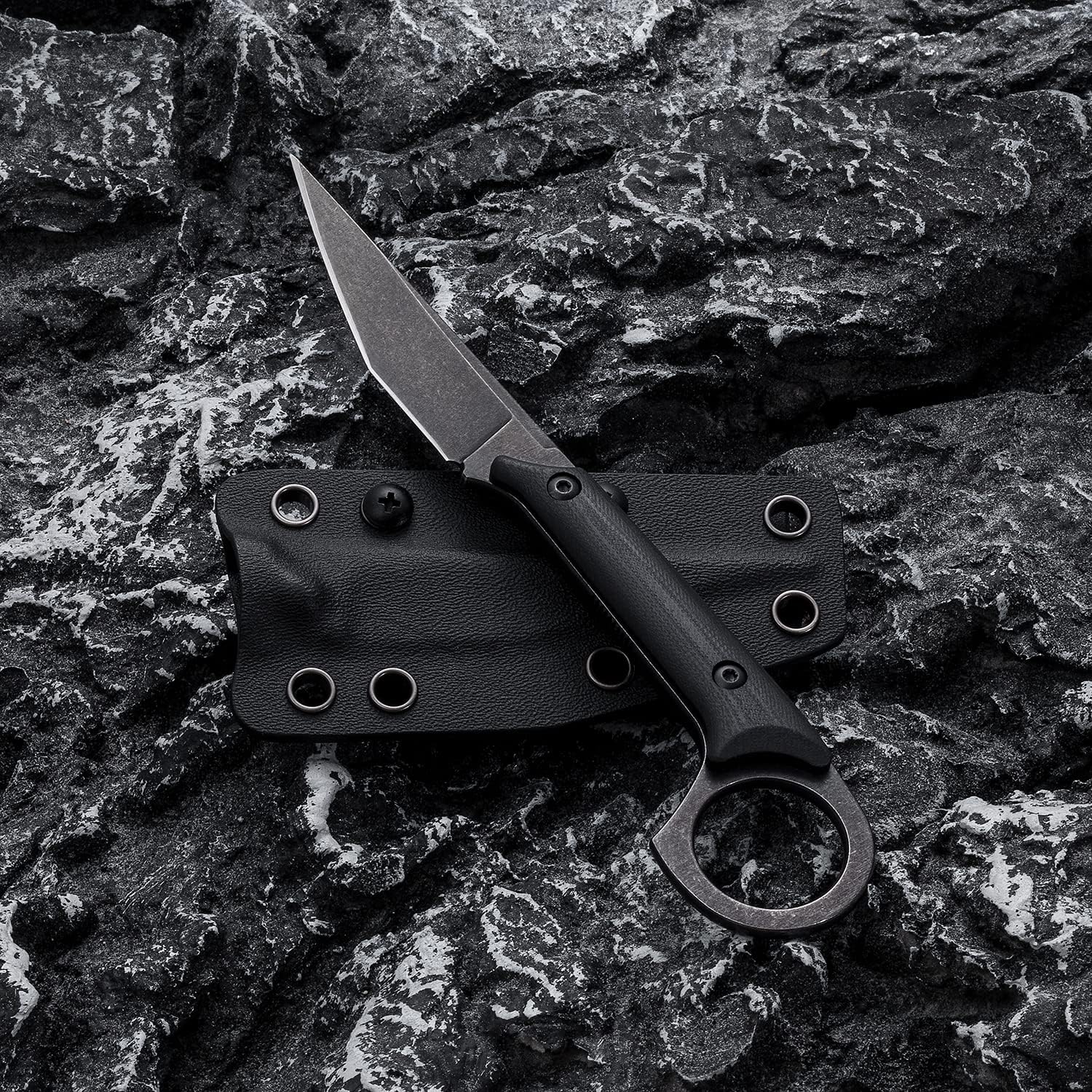 Fixed Blade Knife, D2 Stonewashed Steel Blade, G10 Handle, Tactical EDC, Utility Knife for Outdoor Survival Hiking Camping with Kydex Sheath OS1014 (Black)