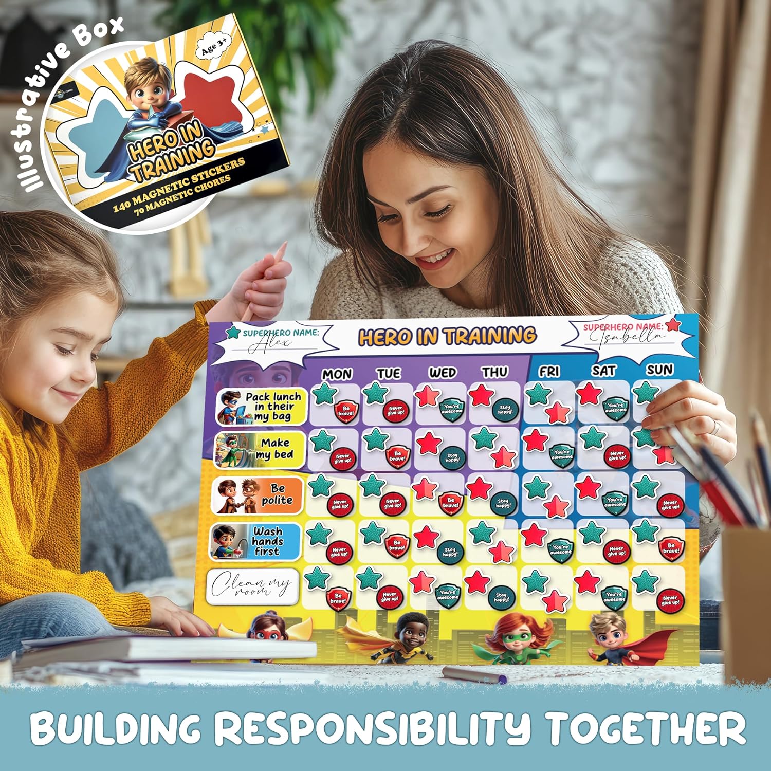 Reward Chart for Kids with GIF Box, 70 Pre-Printed and Custom Tasks for Chart for Kids, Chore Chart for Kids with 140 Stickers, and 2 Mount Options Chore Chart for Kids Multiple Kids